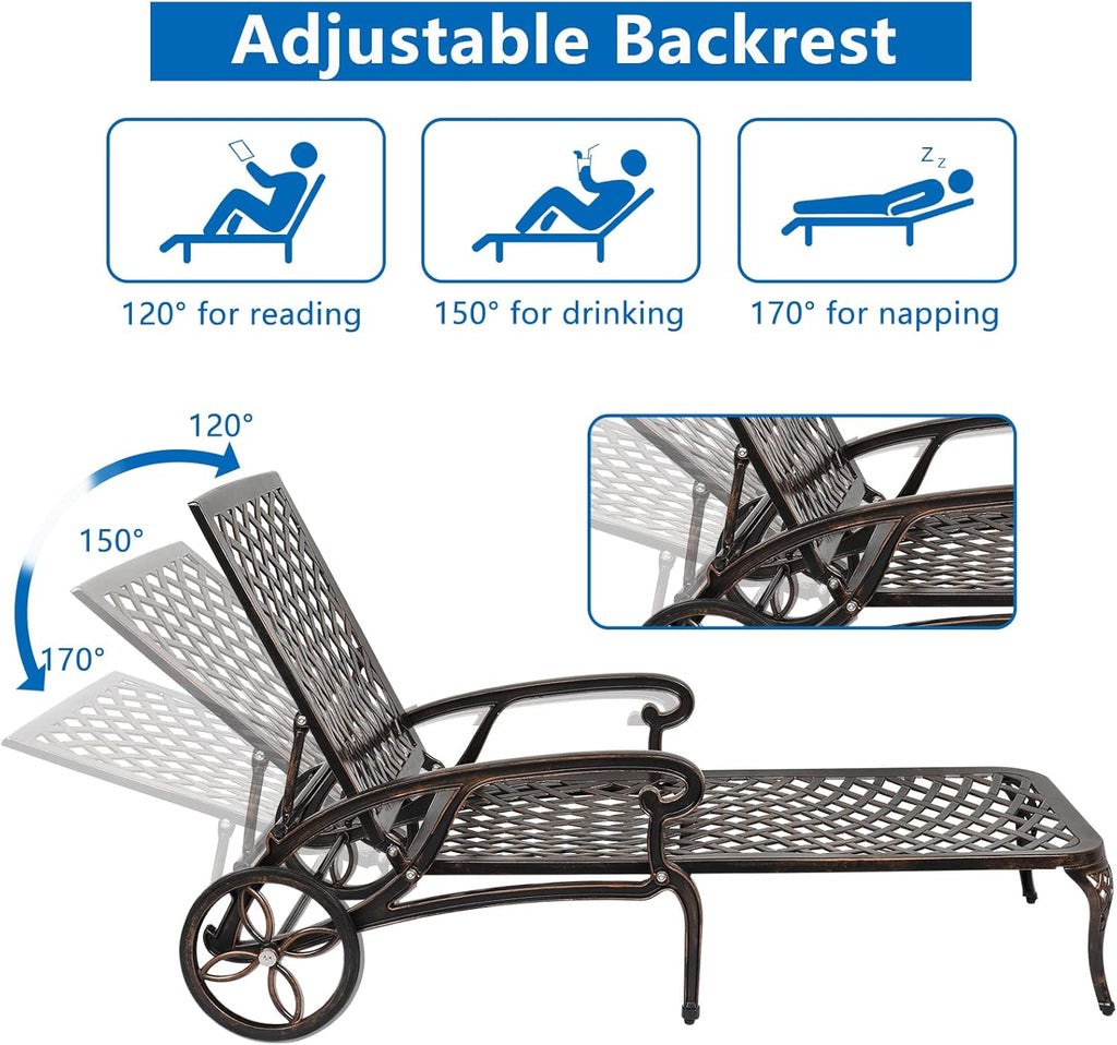 Outvita Lounge Chairs for Outside, Patio Cast Aluminum Recliner with Adjustable Back and Rolling Wheels for Backyard Porch Pool Balcony Deck (Bronze)
