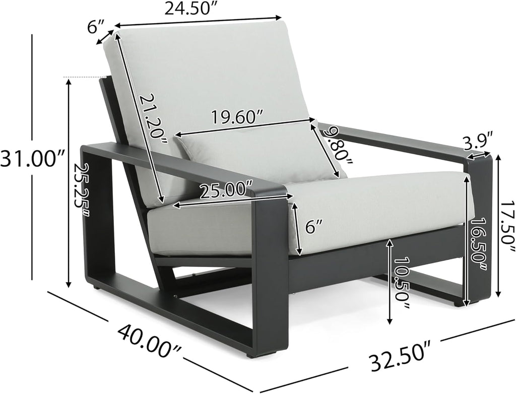 Christopher Knight Home Aspen Outdoor Aluminum Club Chair, Durable Aluminum Lounge Chair, Armchair with Cushions, Metal Accent Chair, Tilt Backrest Recliner for Backyard, Garden, Balcony, Black+Grey