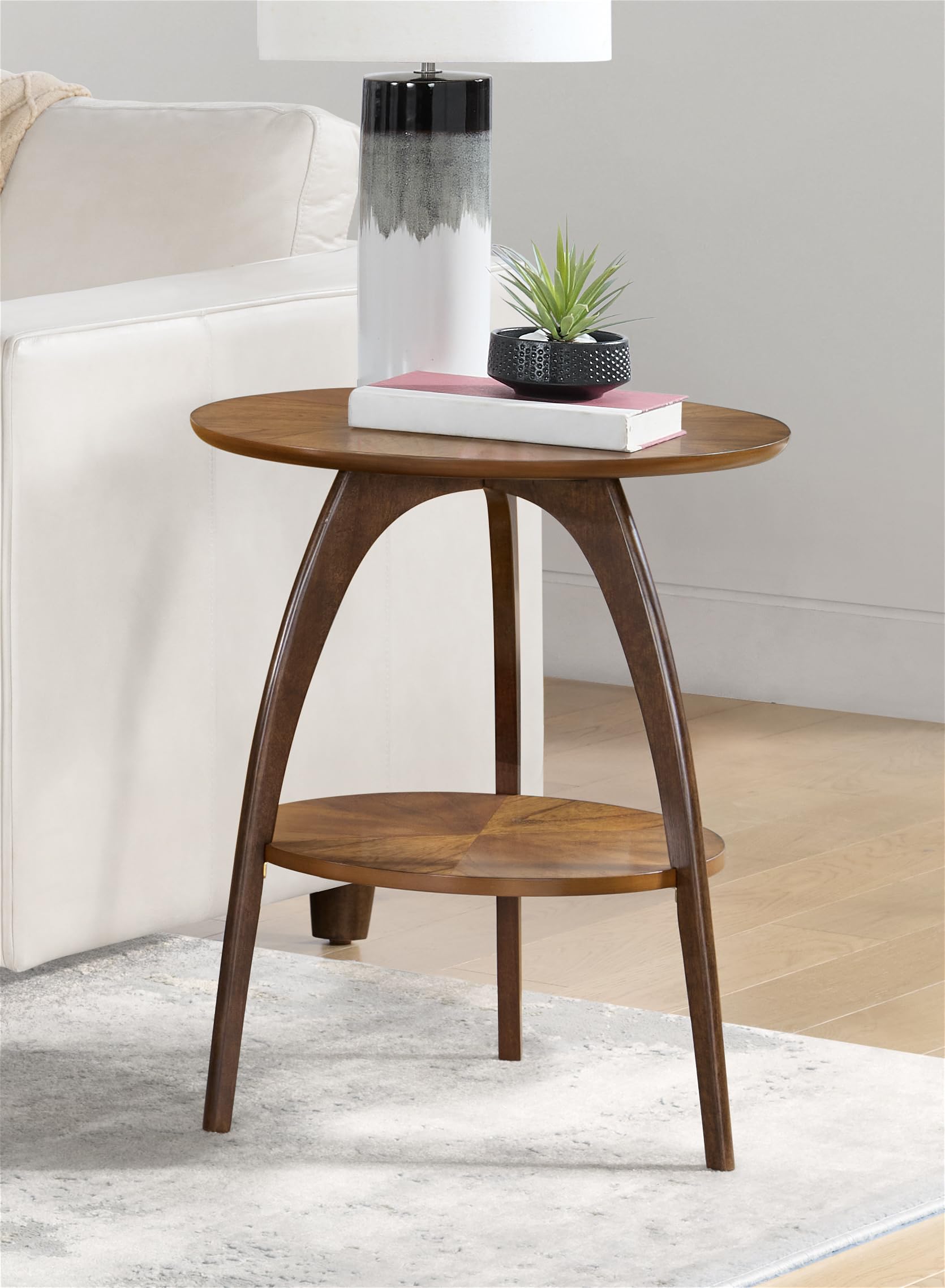 Retro Mid-Century Modern Round Wood End Table, Solid Grain Side Table with Lower Shelf, Small Accent Table for Living Room or Nightstand. Nutmeg Brown Top with Espresso Brown Legs