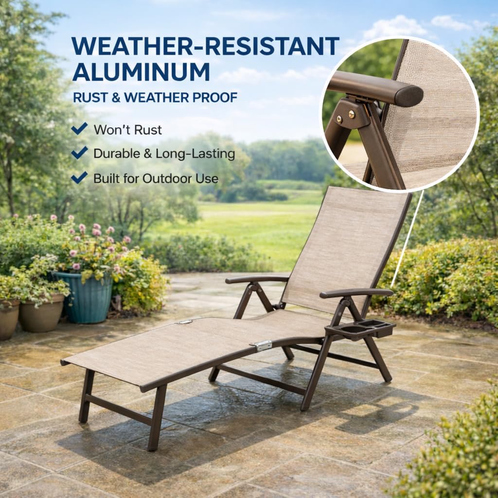 Kozyard Aluminum Outdoor Chaise Lounge Chair, Adjustable Reclining Patio Lounge with Drink Holder, Weather-Resistant Pool, Deck & Yard Recliner, Assemble-Free (1Pack, Beige)