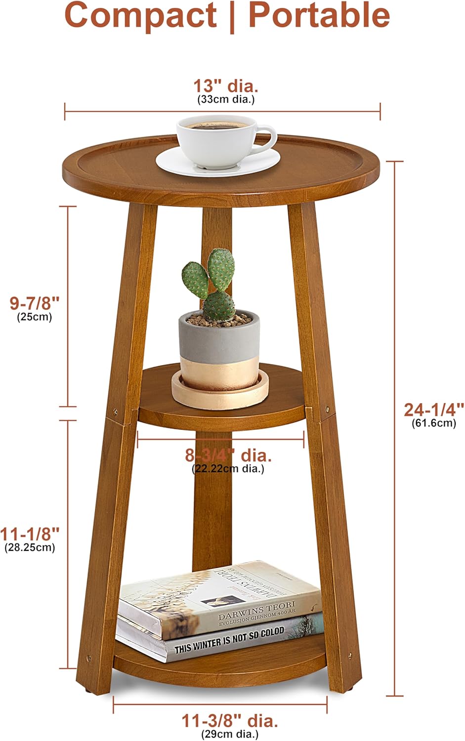 Small Round Side Table, Solid Wood 3-Tier End Table for Small Spaces, 13 Inch Compact Drink Table, Round Wood Side Table for Living Room & Bedroom, Amber Brown