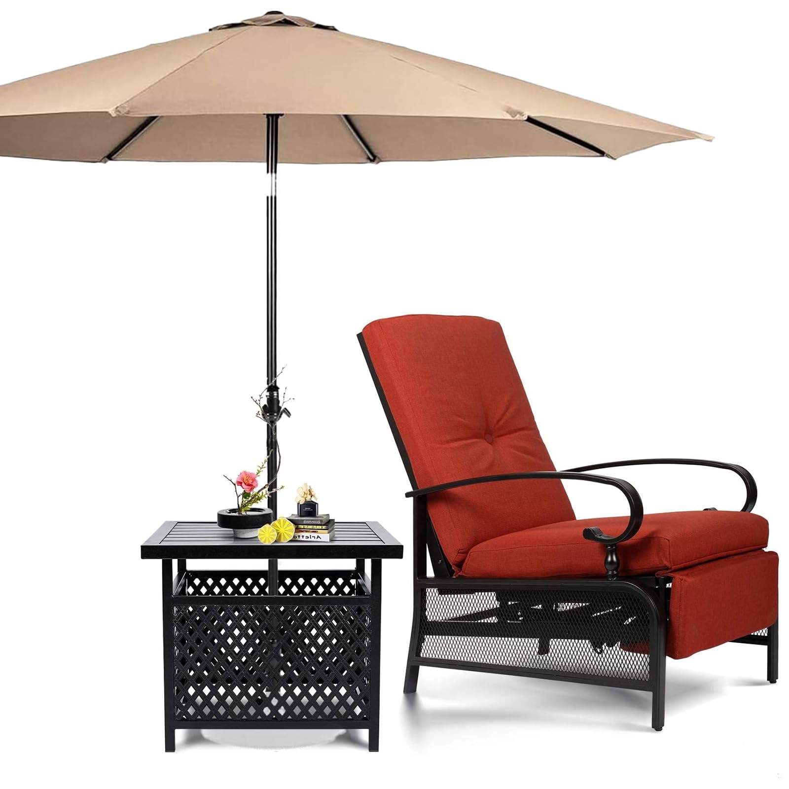 SUNCROWN Outdoor Adjustable Recliner Chair for Patio - A Relaxing Outdoor Metal Furniture Chair with Thick Cushion, Brown
