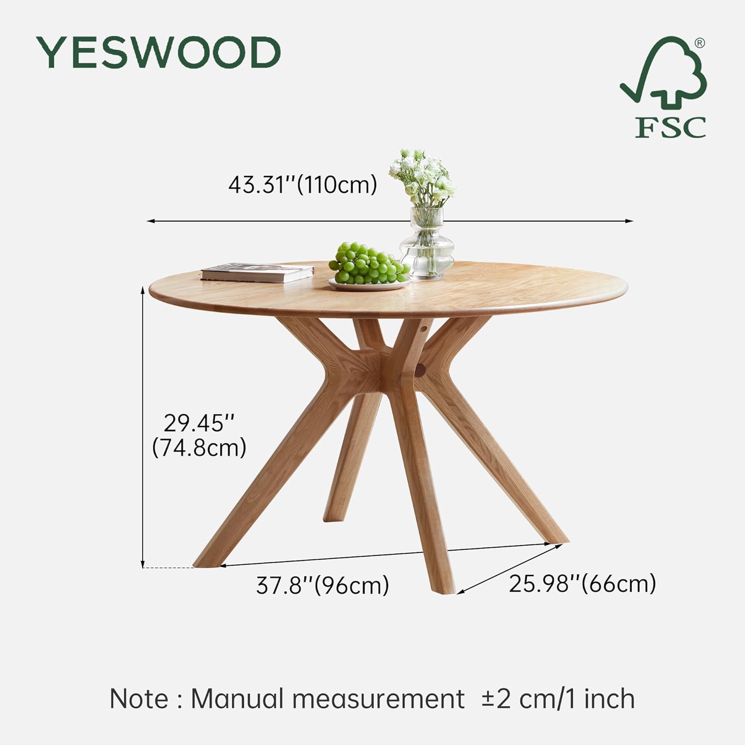 YESWOOD 43.3’’ Solid Wood Round Dining Table for 4, Oak Rustic Kitchen Table with Intersecting Pedestal Base, Farmhouse Circle Dinner Table for Dining Room, Living Room, Office, Natural