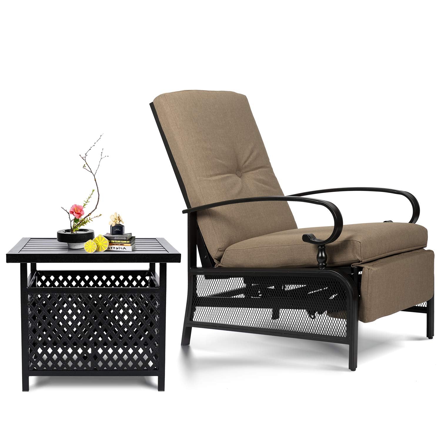 SUNCROWN Outdoor Adjustable Recliner Chair for Patio - A Relaxing Outdoor Metal Furniture Chair with Thick Cushion, Brown