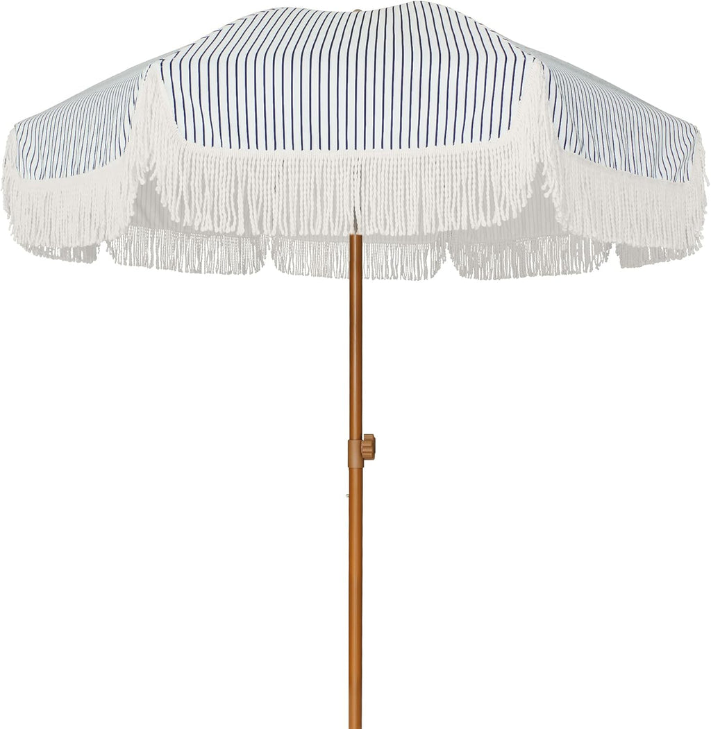 AMMSUN 7ft Patio Umbrella with Fringe Outdoor Tassel Umbrella UPF50+ Premium Steel Pole and Ribs Push Button Tilt, Navy Blue Stripes