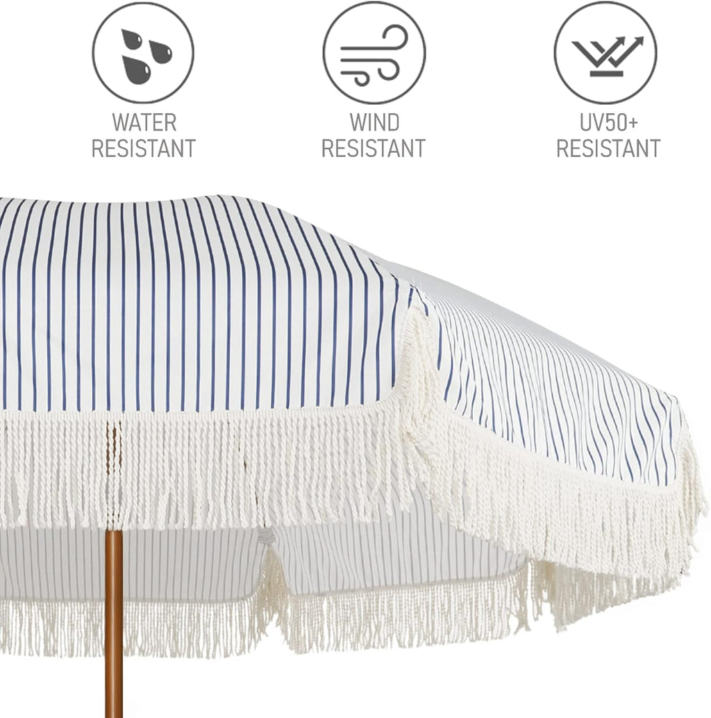 AMMSUN 7ft Patio Umbrella with Fringe Outdoor Tassel Umbrella UPF50+ Premium Steel Pole and Ribs Push Button Tilt, Navy Blue Stripes