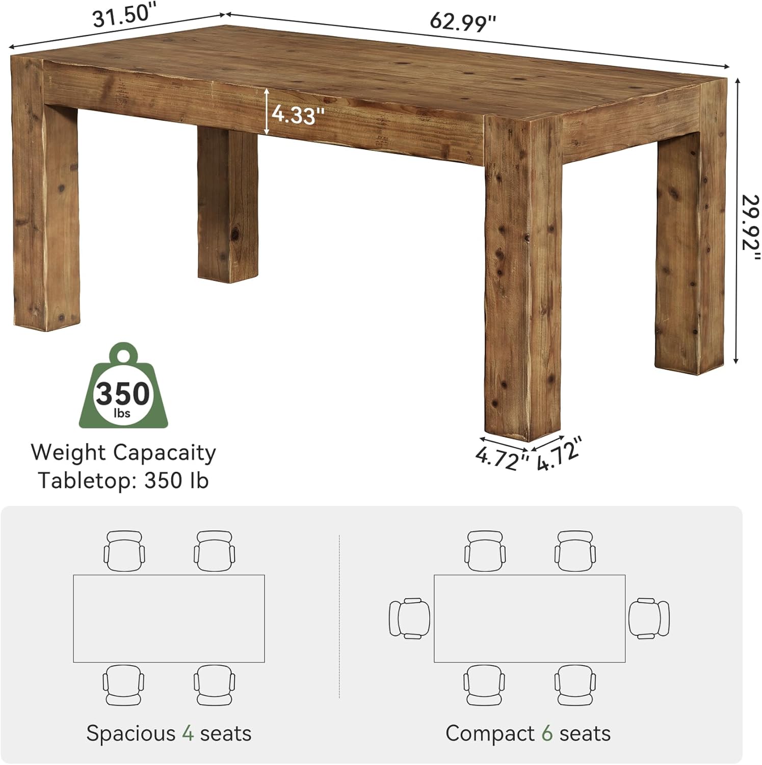 Solid Wood Dining Table for 6, 63-Inch Farmhouse Kitchen Table with Heavy Duty Legs, Rectangular Wood Dinner Table for Dining Room, Living Room, Natural Brown (Only Table)