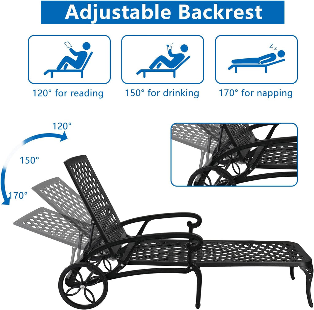VINGLI Cast Aluminum Outdoor Chaise Lounge Chair with Wheels, Patio Chaise Lounge with 3-Position Adjustable Backrest, Tanning Chair Reclining Chair for Poolside (Black, Without Cushion)