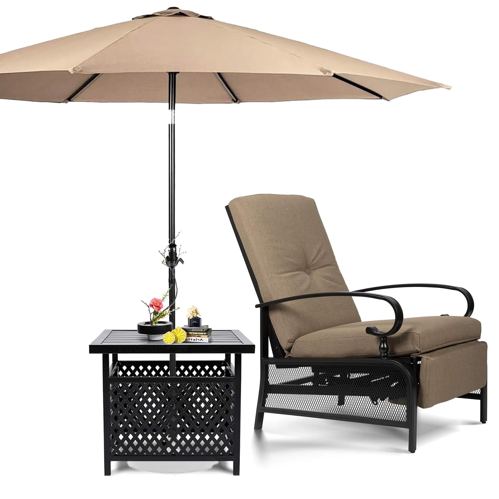 SUNCROWN Outdoor Adjustable Recliner Chair for Patio - A Relaxing Outdoor Metal Furniture Chair with Thick Cushion, Brown