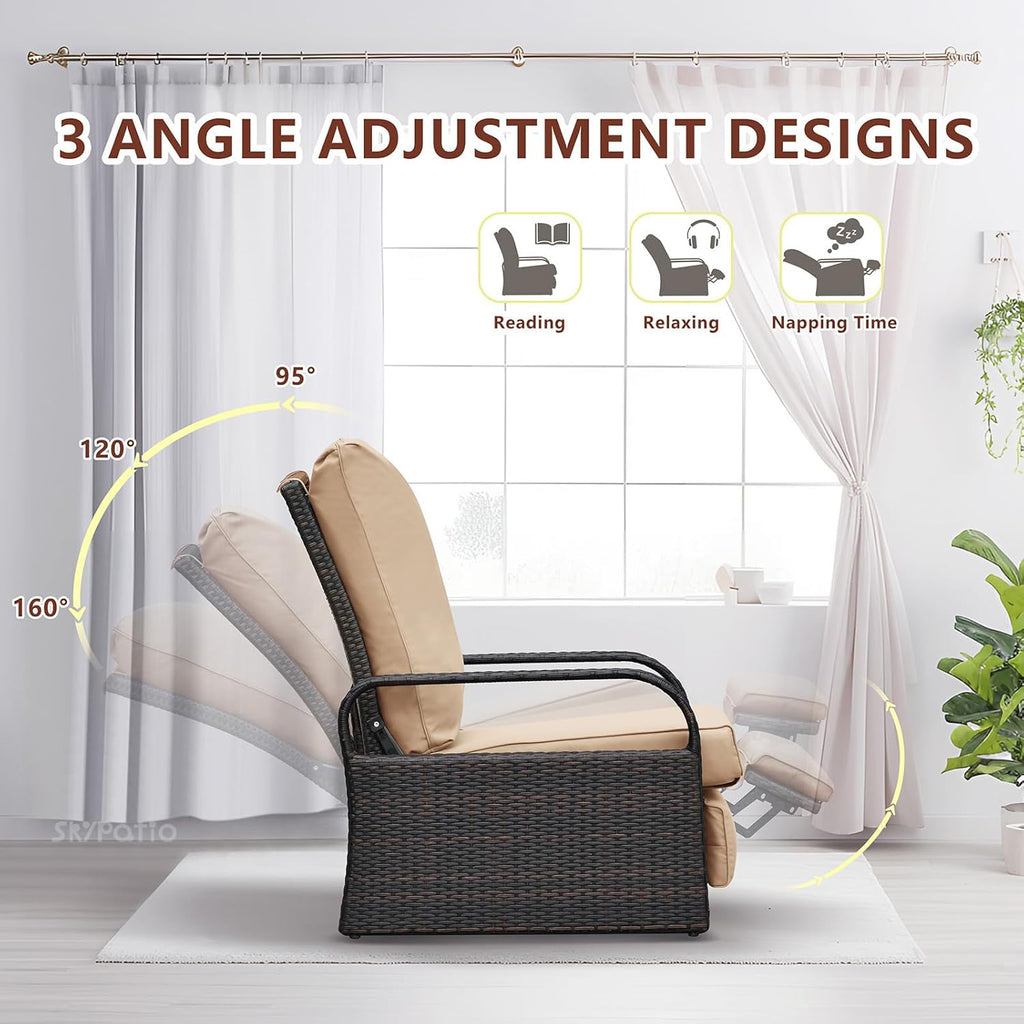 Babylon Outdoor Recliner Wicker Patio Adjustable Recliner Chair with Cushions, Rust-Resistant Aluminum Frame,All-Weather Resin Rattan, Brown& Khaki