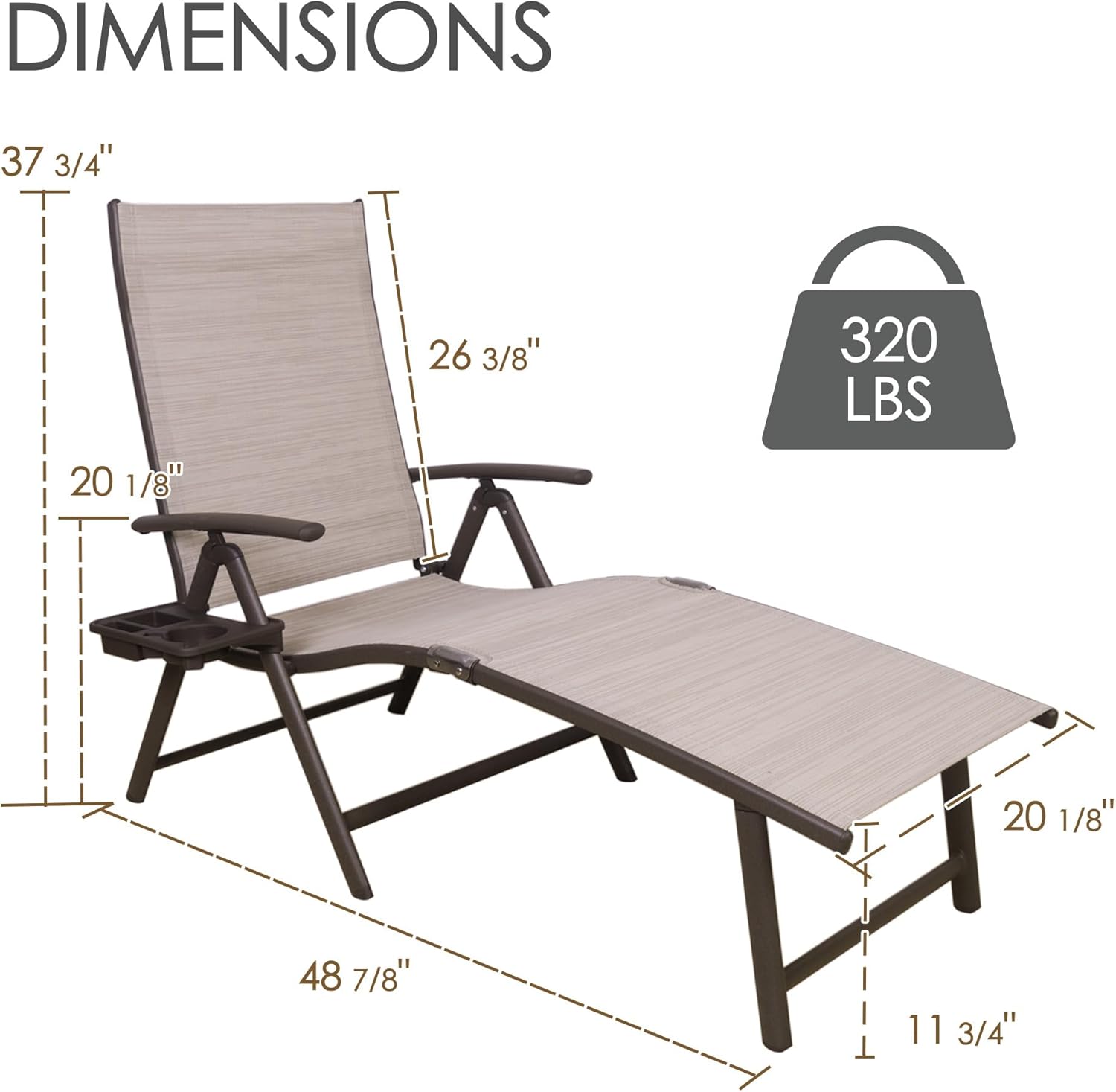 Kozyard Aluminum Outdoor Chaise Lounge Chair, Adjustable Reclining Patio Lounge with Drink Holder, Weather-Resistant Pool, Deck & Yard Recliner, Assemble-Free (1Pack, Beige)