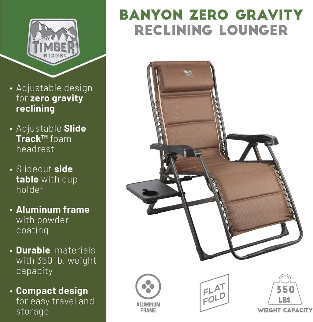 TIMBER RIDGE Aluminum Zero Gravity Chairs, Folding Recliner Chair Padded with Cup Holder and Headrest, Adjustable Lounge Reclining Chair for Outdoor Camping Lawn Patio Indoor, Supports 350lbs, Brown