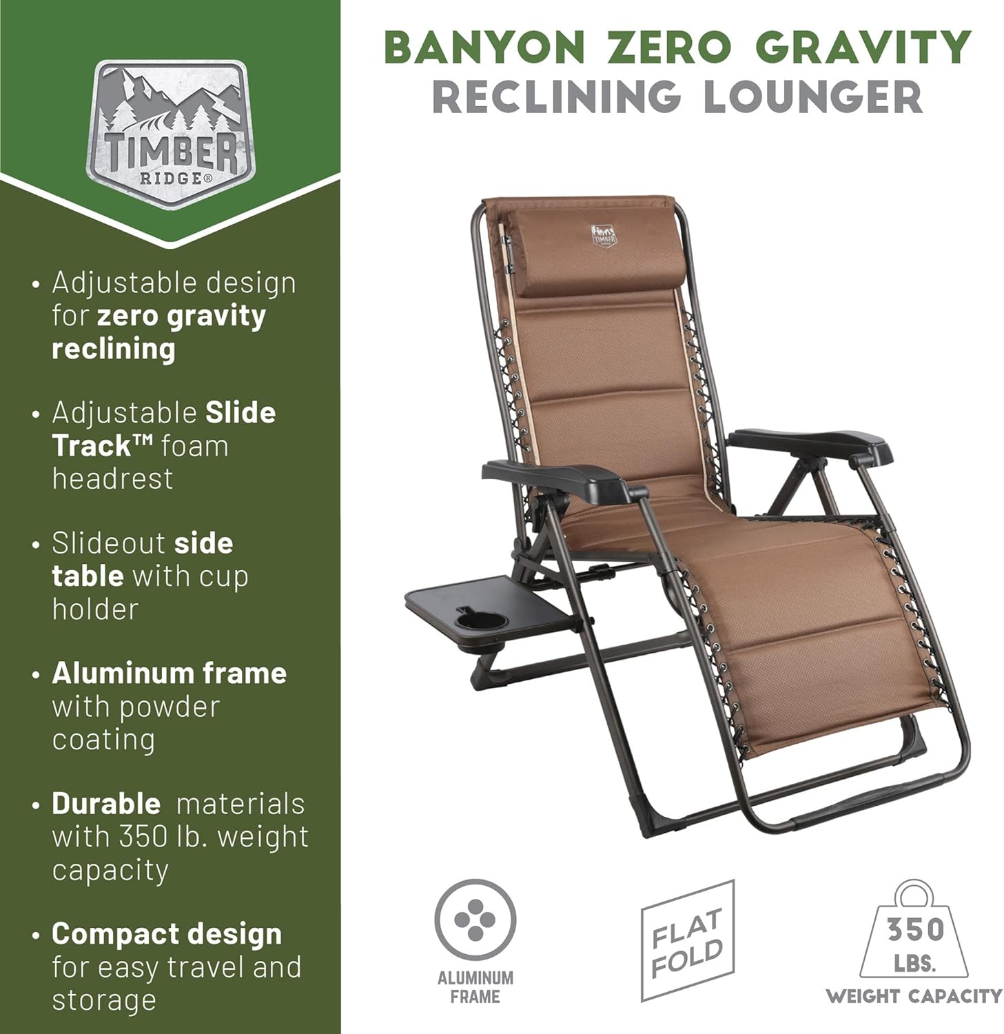 TIMBER RIDGE Aluminum Zero Gravity Chairs, Folding Recliner Chair Padded with Cup Holder and Headrest, Adjustable Lounge Reclining Chair for Outdoor Camping Lawn Patio Indoor, Supports 350lbs, Brown
