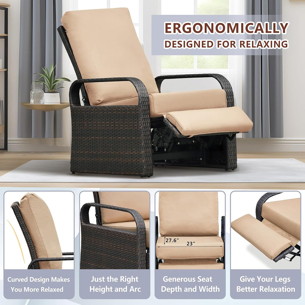 Babylon Outdoor Recliner Wicker Patio Adjustable Recliner Chair with Cushions, Rust-Resistant Aluminum Frame,All-Weather Resin Rattan, Brown& Khaki