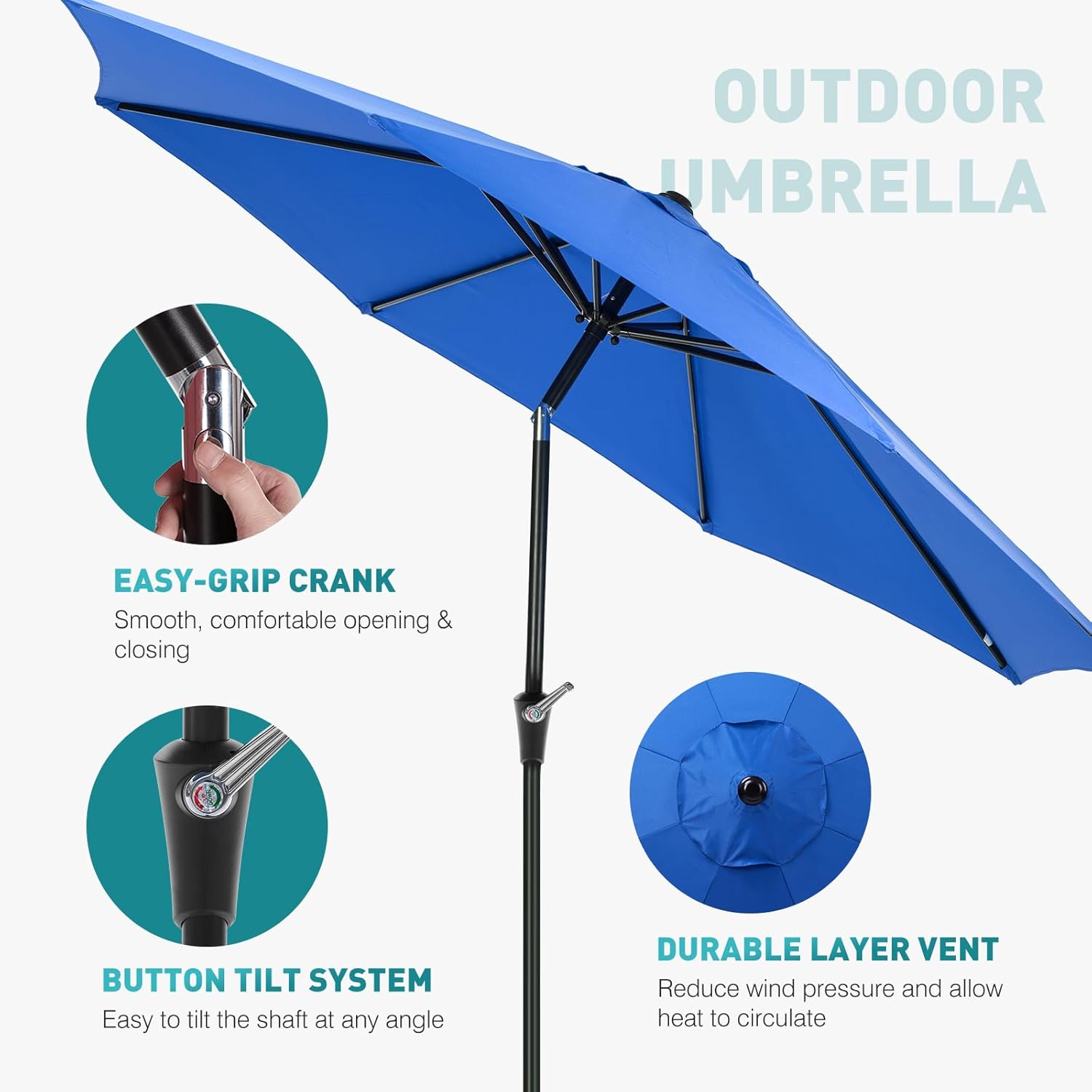 OLIXIS 9ft Patio Umbrella with Tilt and Crank Button & 8 Sturdy Ribs Waterproof, 9 Feet Patio Table Umbrella Perfect for Poolside, Terrace, Beach and Outdoor Restaurant, Blue