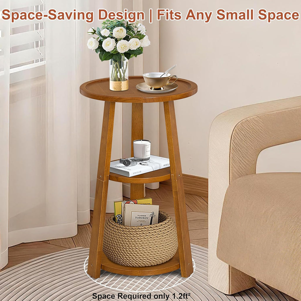 Small Round Side Table, Solid Wood 3-Tier End Table for Small Spaces, 13 Inch Compact Drink Table, Round Wood Side Table for Living Room & Bedroom, Amber Brown
