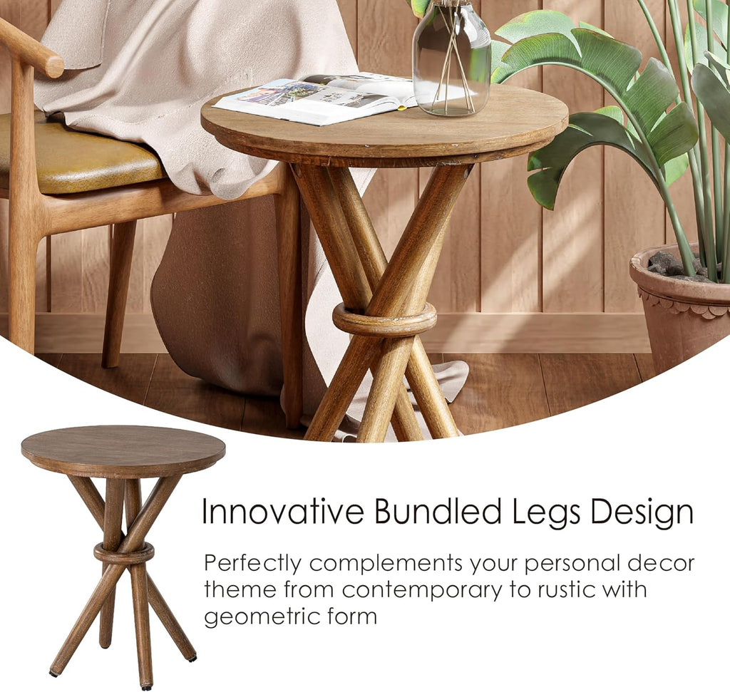 COZAYH Round Wood End Table Farmhouse Wooden Side Table Rustic Plant Stand with Bundled Legs for Living Room, Office, Walnut