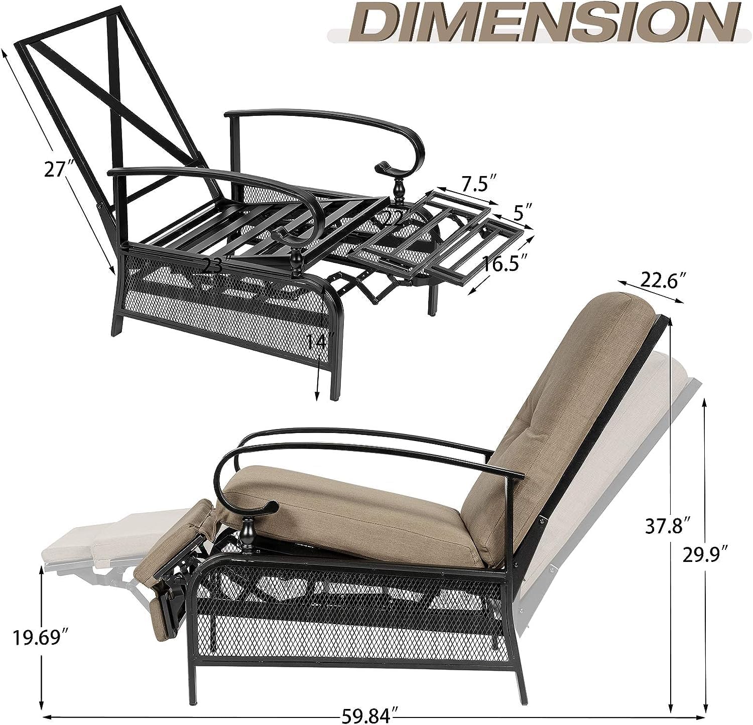 SUNCROWN Outdoor Adjustable Recliner Chair for Patio - A Relaxing Outdoor Metal Furniture Chair with Thick Cushion, Brown