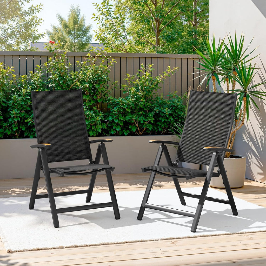 Crestlive Products Aluminum Folding Patio Chair with Teak Armrests, 8-Position Adjustable Backrest, All-Weather Outdoor Recliner Furniture for Patio, Garden, Beach, Balcony for Pool, Backyard, Black