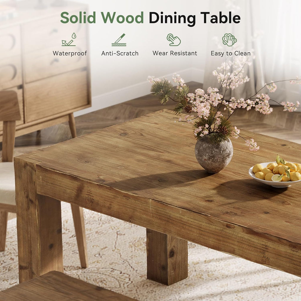 Solid Wood Dining Table for 6, 63-Inch Farmhouse Kitchen Table with Heavy Duty Legs, Rectangular Wood Dinner Table for Dining Room, Living Room, Natural Brown (Only Table)