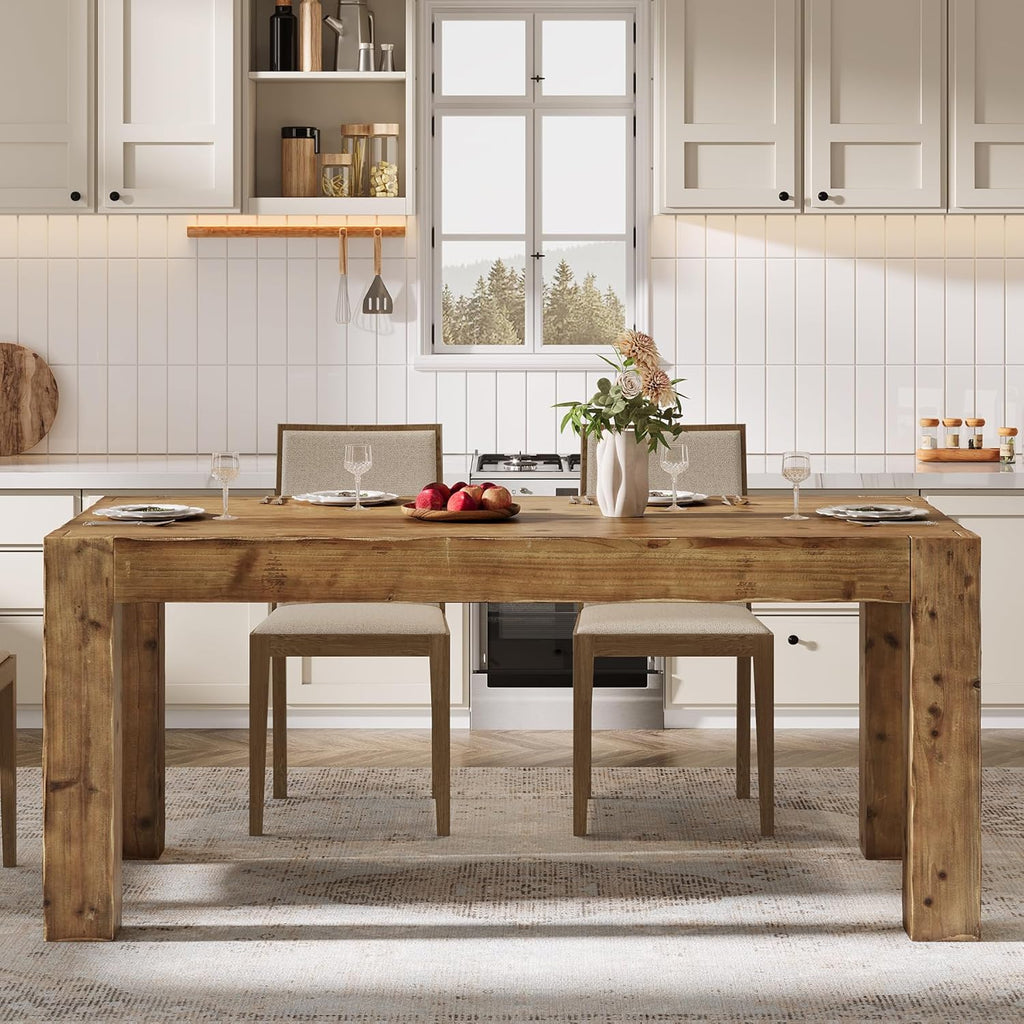 Solid Wood Dining Table for 6, 63-Inch Farmhouse Kitchen Table with Heavy Duty Legs, Rectangular Wood Dinner Table for Dining Room, Living Room, Natural Brown (Only Table)