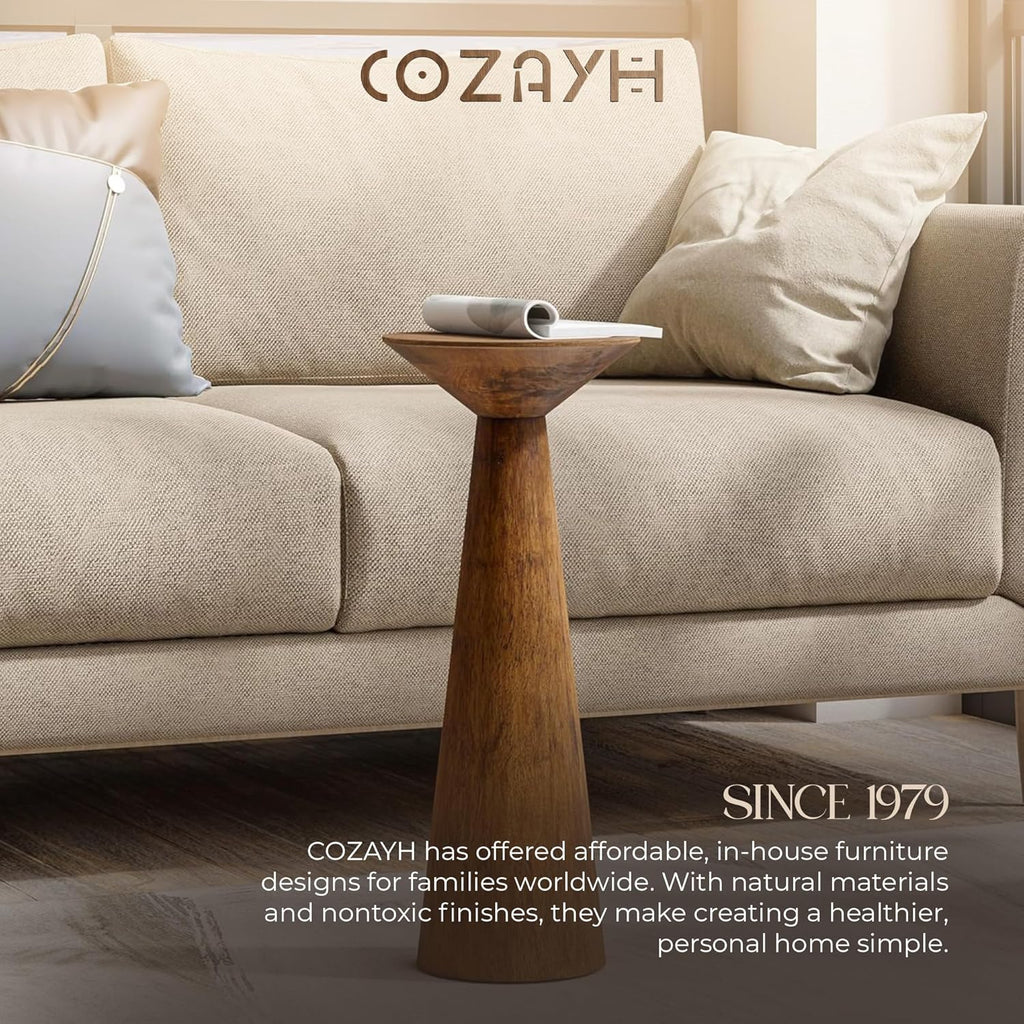 COZAYH 22.8” Tall Round Martini End Table, Walnut – Solid Pine Wood Pedestal Accent Drink Stand with Tapered Base – Farmhouse Modern Furniture for Living Room, Bedroom & Small Spaces