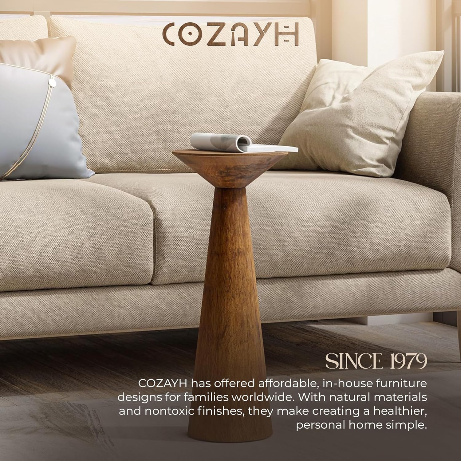 COZAYH 22.8” Tall Round Martini End Table, Walnut – Solid Pine Wood Pedestal Accent Drink Stand with Tapered Base – Farmhouse Modern Furniture for Living Room, Bedroom & Small Spaces