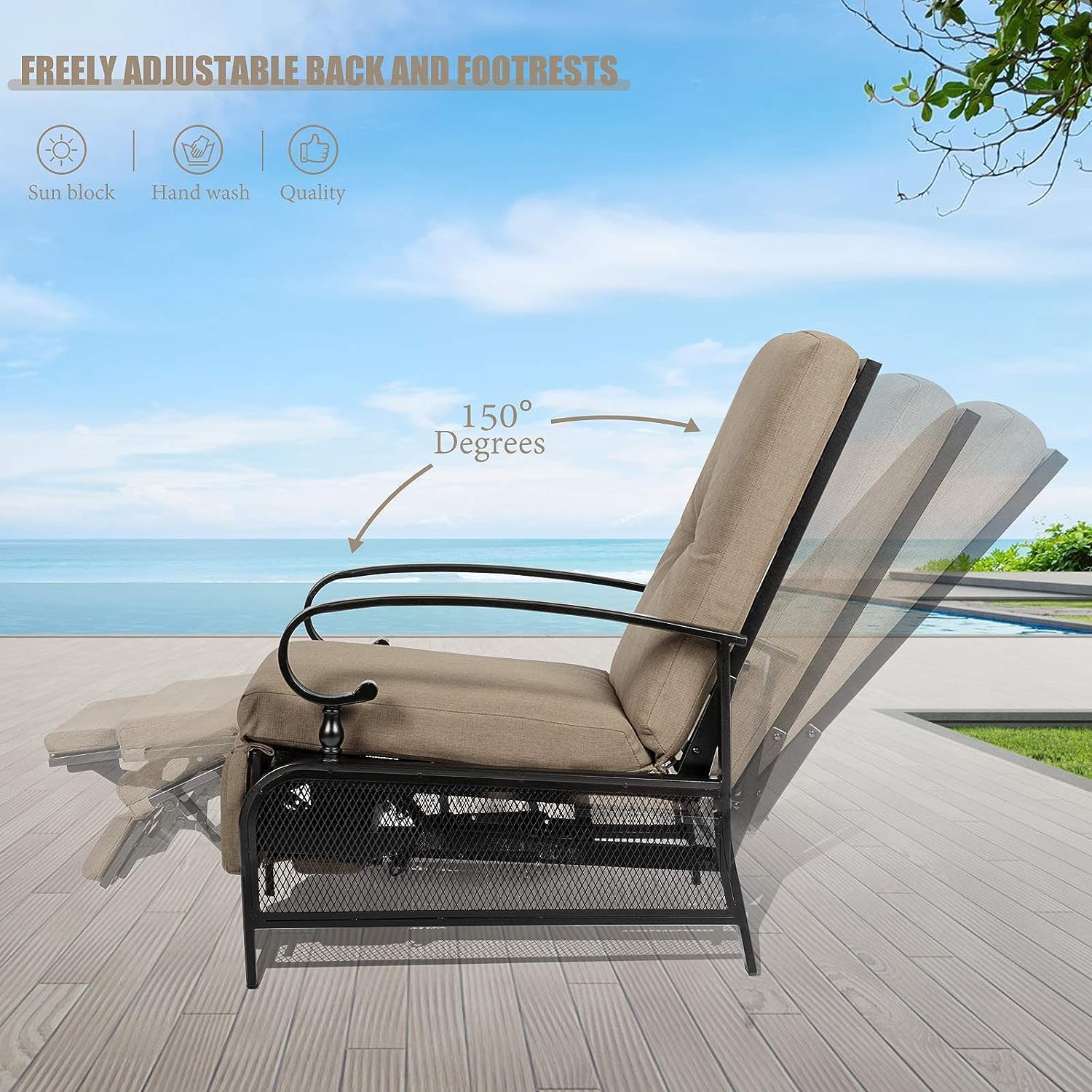 SUNCROWN Outdoor Adjustable Recliner Chair for Patio - A Relaxing Outdoor Metal Furniture Chair with Thick Cushion, Brown