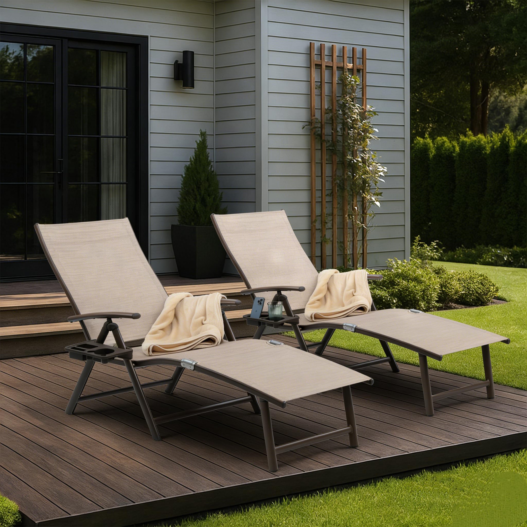 Kozyard Aluminum Outdoor Chaise Lounge Chair, Adjustable Reclining Patio Lounge with Drink Holder, Weather-Resistant Pool, Deck & Yard Recliner, Assemble-Free (1Pack, Beige)