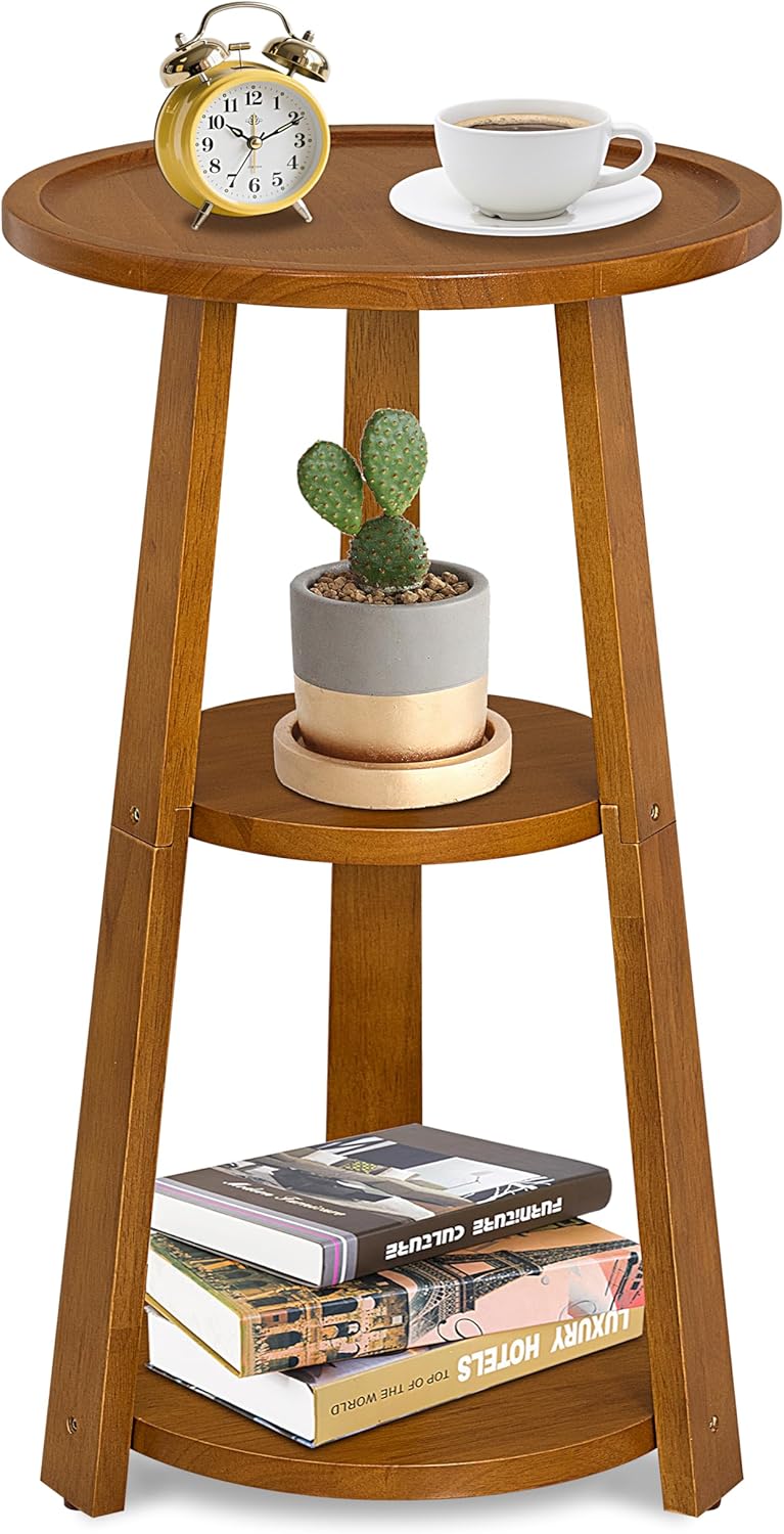 Small Round Side Table, Solid Wood 3-Tier End Table for Small Spaces, 13 Inch Compact Drink Table, Round Wood Side Table for Living Room & Bedroom, Amber Brown