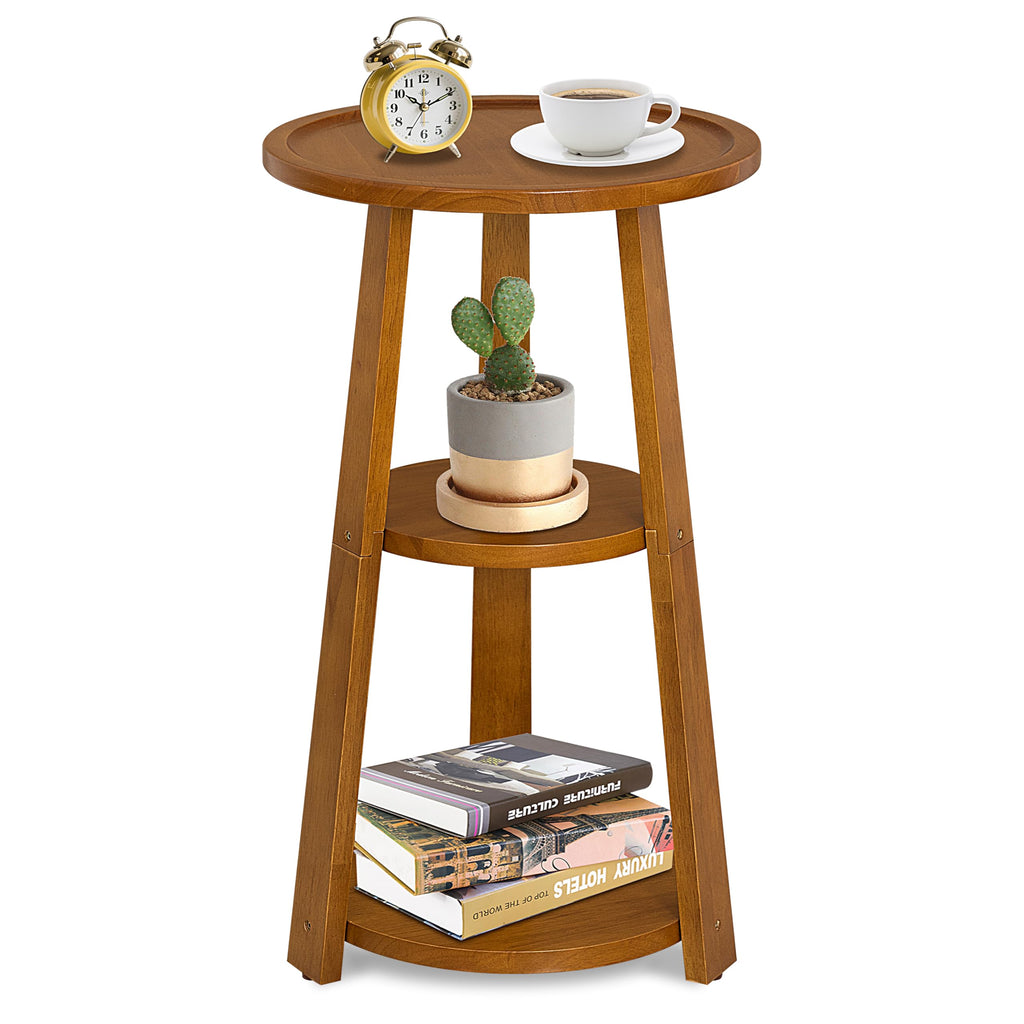 Small Round Side Table, Solid Wood 3-Tier End Table for Small Spaces, 13 Inch Compact Drink Table, Round Wood Side Table for Living Room & Bedroom, Amber Brown