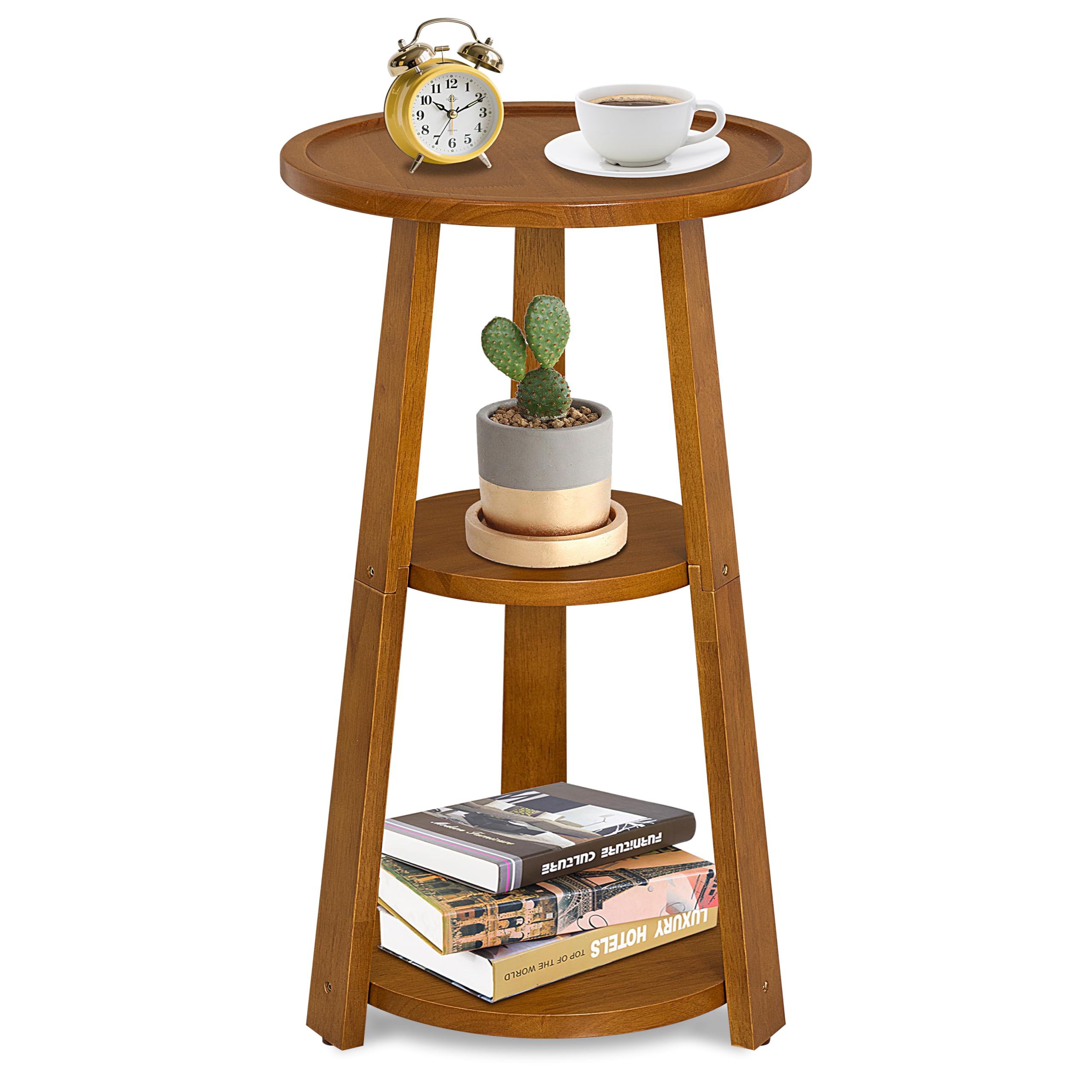 Small Round Side Table, Solid Wood 3-Tier End Table for Small Spaces, 13 Inch Compact Drink Table, Round Wood Side Table for Living Room & Bedroom, Amber Brown