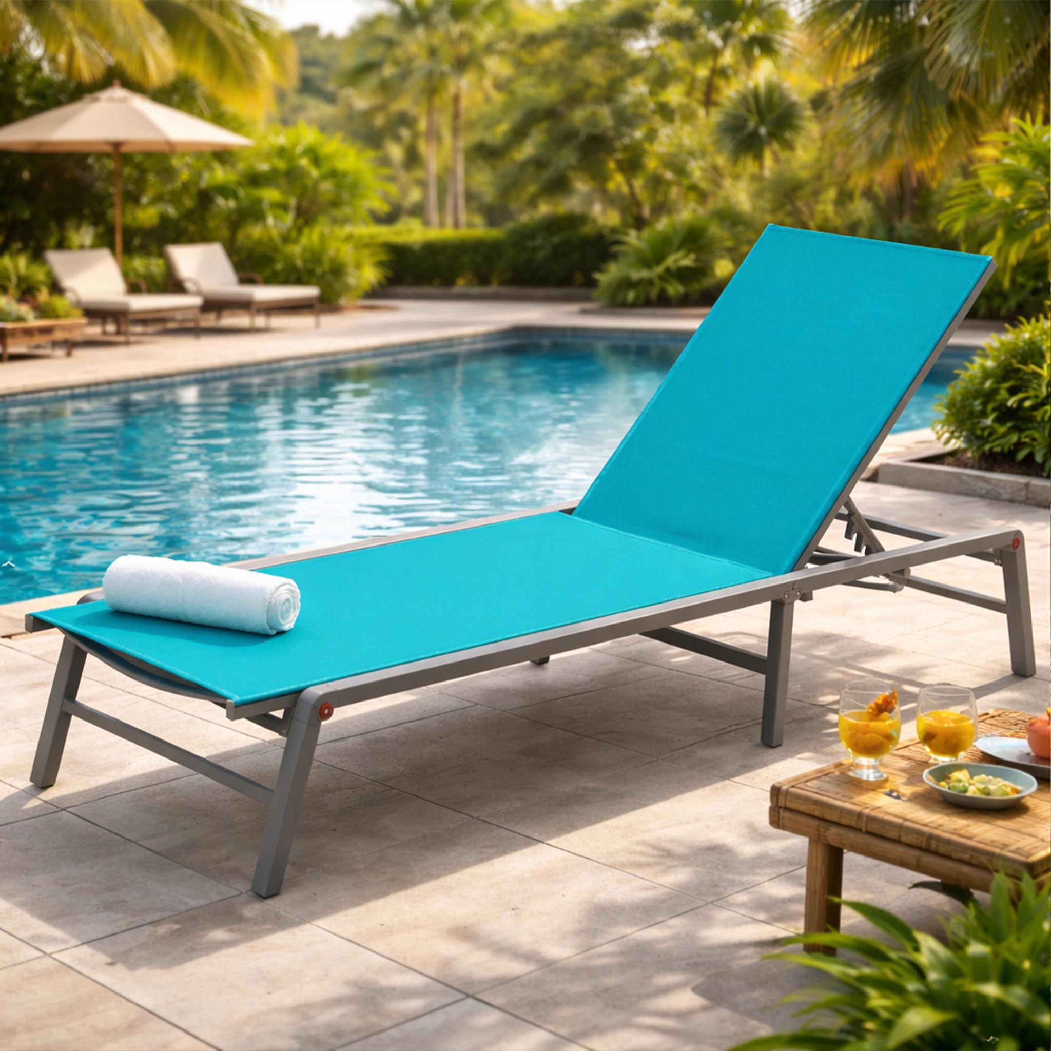 Kozyard Aluminum Outdoor Chaise Lounge Chair, Adjustable Reclining Patio Lounge with Drink Holder, Weather-Resistant Pool, Deck & Yard Recliner, Assemble-Free (1Pack, Beige)