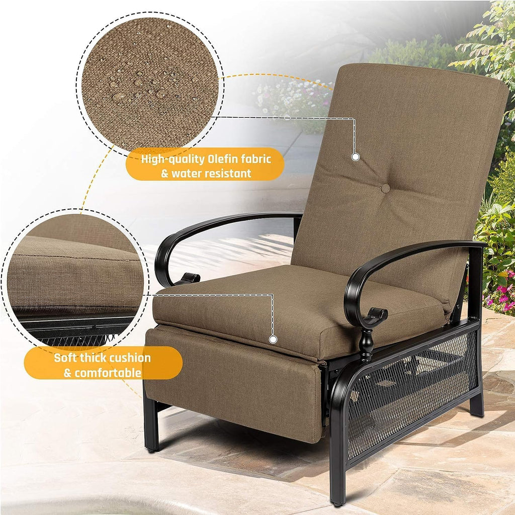 SUNCROWN Outdoor Adjustable Recliner Chair for Patio - A Relaxing Outdoor Metal Furniture Chair with Thick Cushion, Brown