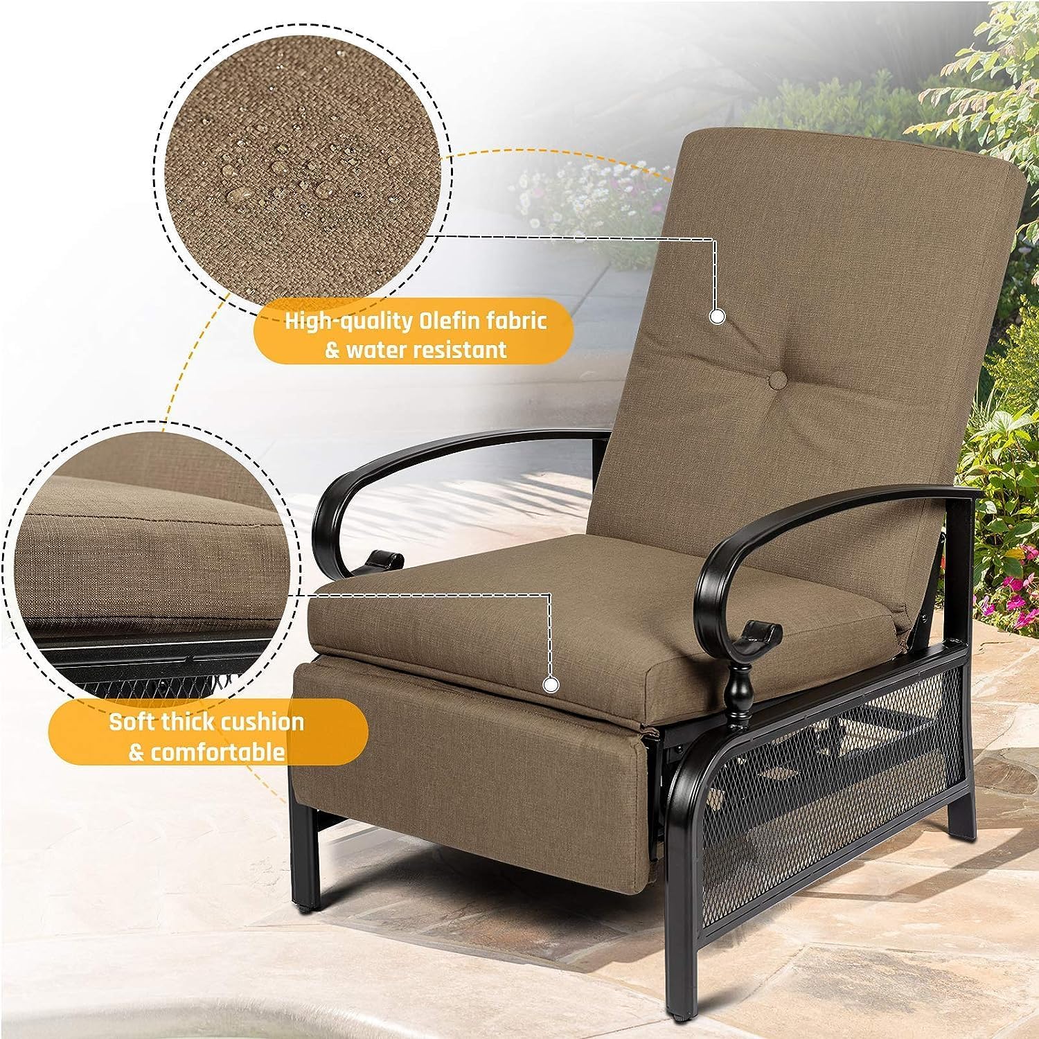 SUNCROWN Outdoor Adjustable Recliner Chair for Patio - A Relaxing Outdoor Metal Furniture Chair with Thick Cushion, Brown