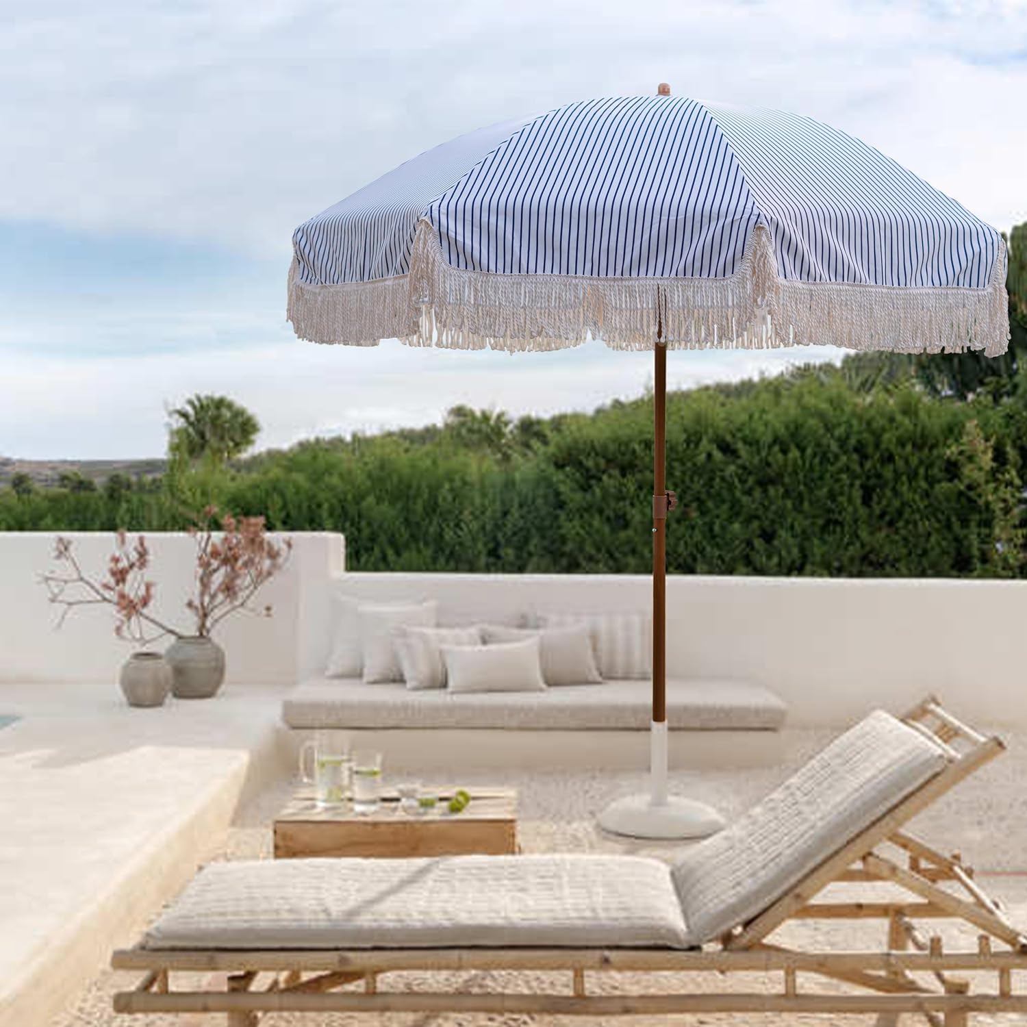 AMMSUN 7ft Patio Umbrella with Fringe Outdoor Tassel Umbrella UPF50+ Premium Steel Pole and Ribs Push Button Tilt, Navy Blue Stripes