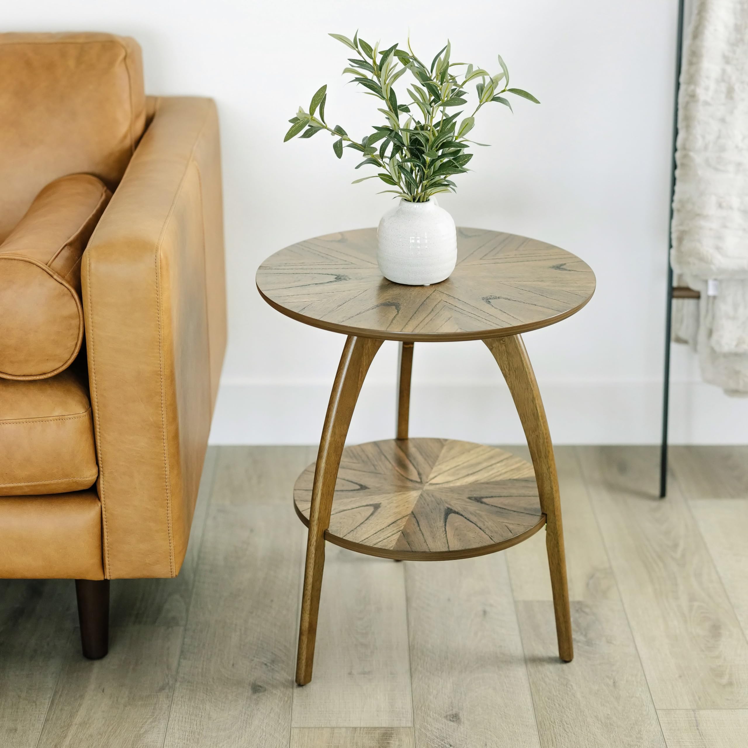 Retro Mid-Century Modern Round Wood End Table, Solid Grain Side Table with Lower Shelf, Small Accent Table for Living Room or Nightstand. Nutmeg Brown Top with Espresso Brown Legs
