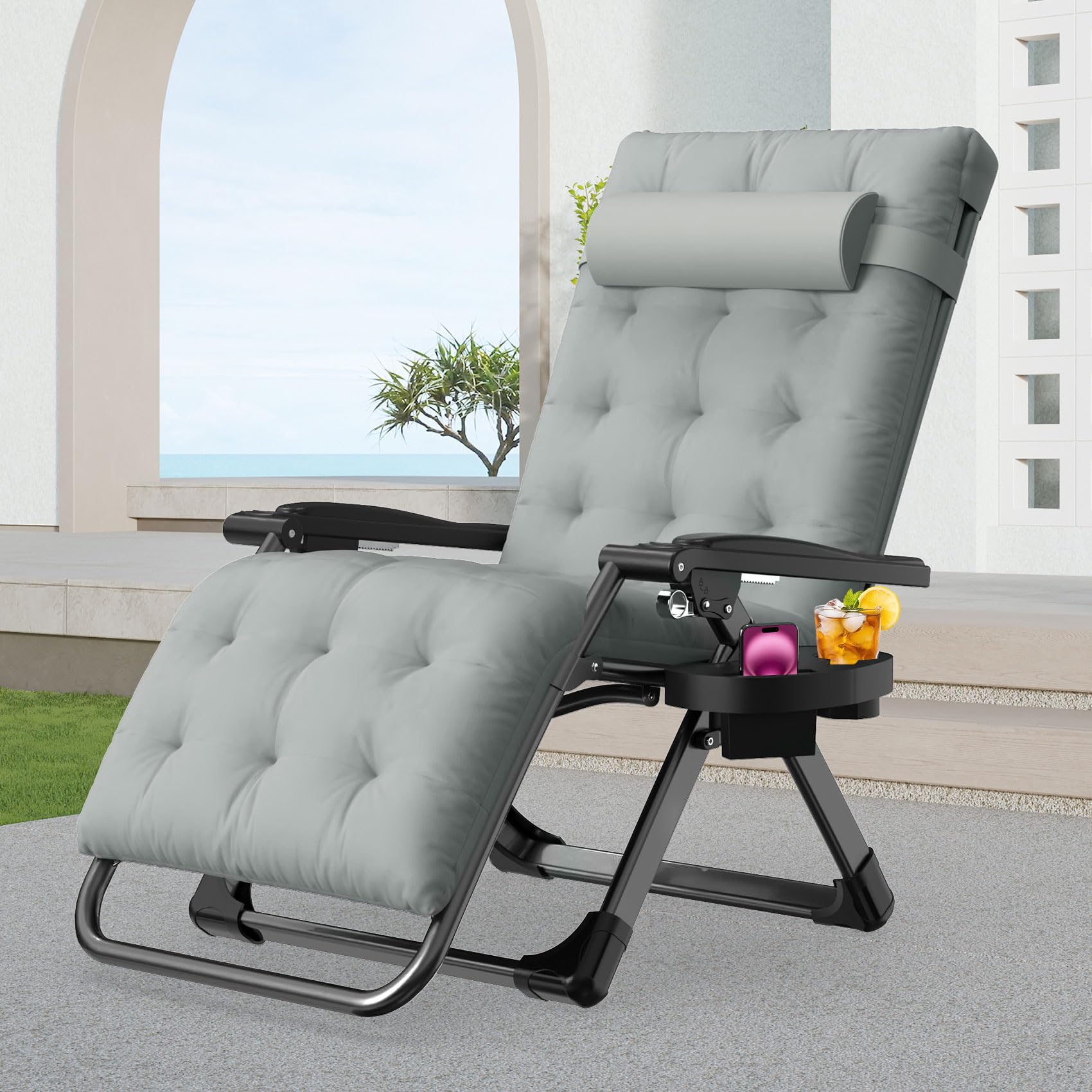 Suteck Zero Gravity Chair, Reclining Camping Lounge Chair with Aluminum Alloy Lock, Folding Patio Recliner w/Removable Pad, Adjustable Headrest and Side Tray for Outdoor Patio, Lawn, and Camping