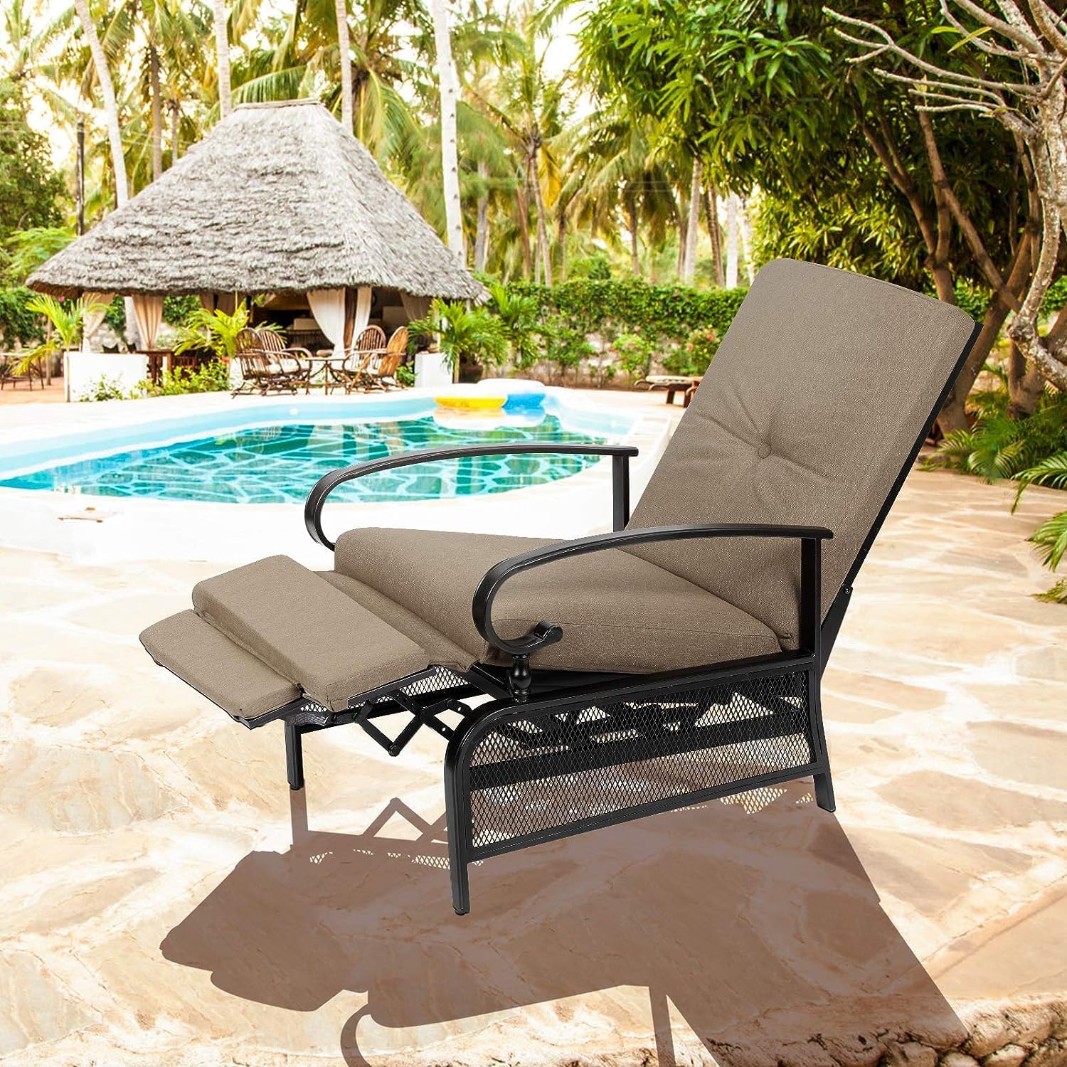 SUNCROWN Outdoor Adjustable Recliner Chair for Patio - A Relaxing Outdoor Metal Furniture Chair with Thick Cushion, Brown
