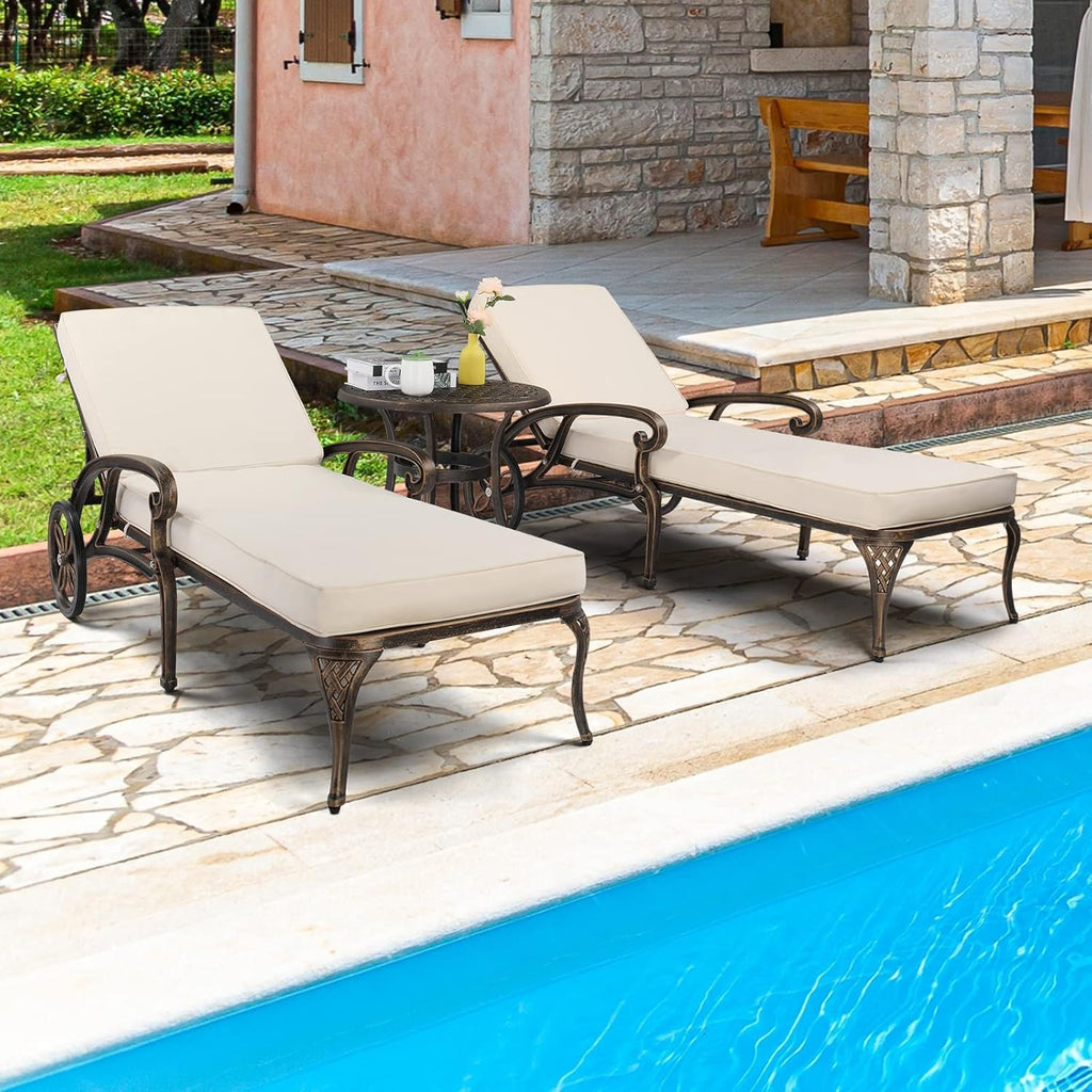 VINGLI Cast Aluminum Outdoor Chaise Lounge Chair with Wheels, Patio Chaise Lounge with 3-Position Adjustable Backrest, Tanning Chair Reclining Chair for Poolside (Bronze, with Cushion)