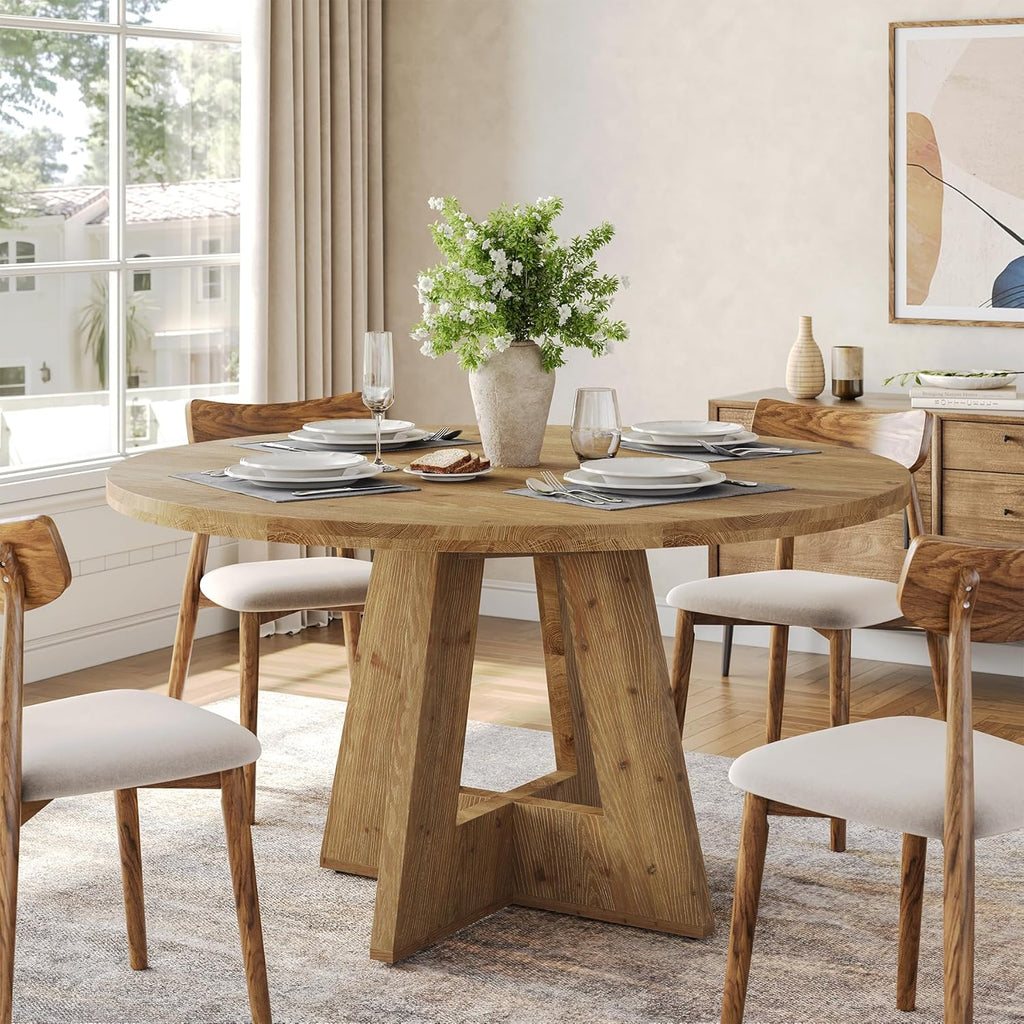 Solid Wood Round Dining Table, 47" Farmhouse Kitchen Table for 4-6, Wooden Circle Dinner Table for Dining Room, Family Gathering, Natural Brown