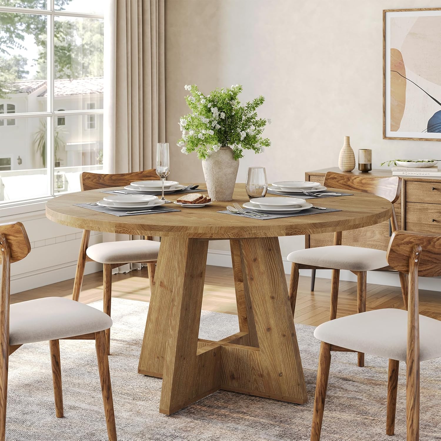 Solid Wood Round Dining Table, 47" Farmhouse Kitchen Table for 4-6, Wooden Circle Dinner Table for Dining Room, Family Gathering, Natural Brown