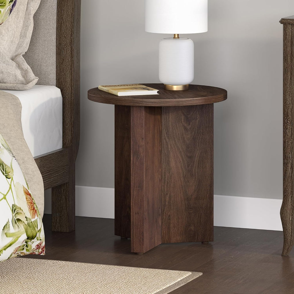 Henn&Hart 20" Scandinavian Round End Table, Side Table, Nightstand with X-Base for Living Room, Office, Family Room, or Bedroom, Rich Brown