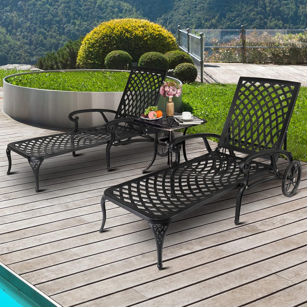 VINGLI Cast Aluminum Outdoor Chaise Lounge Chair with Wheels, Patio Chaise Lounge with 3-Position Adjustable Backrest, Tanning Chair Reclining Chair for Poolside (Black, Without Cushion)