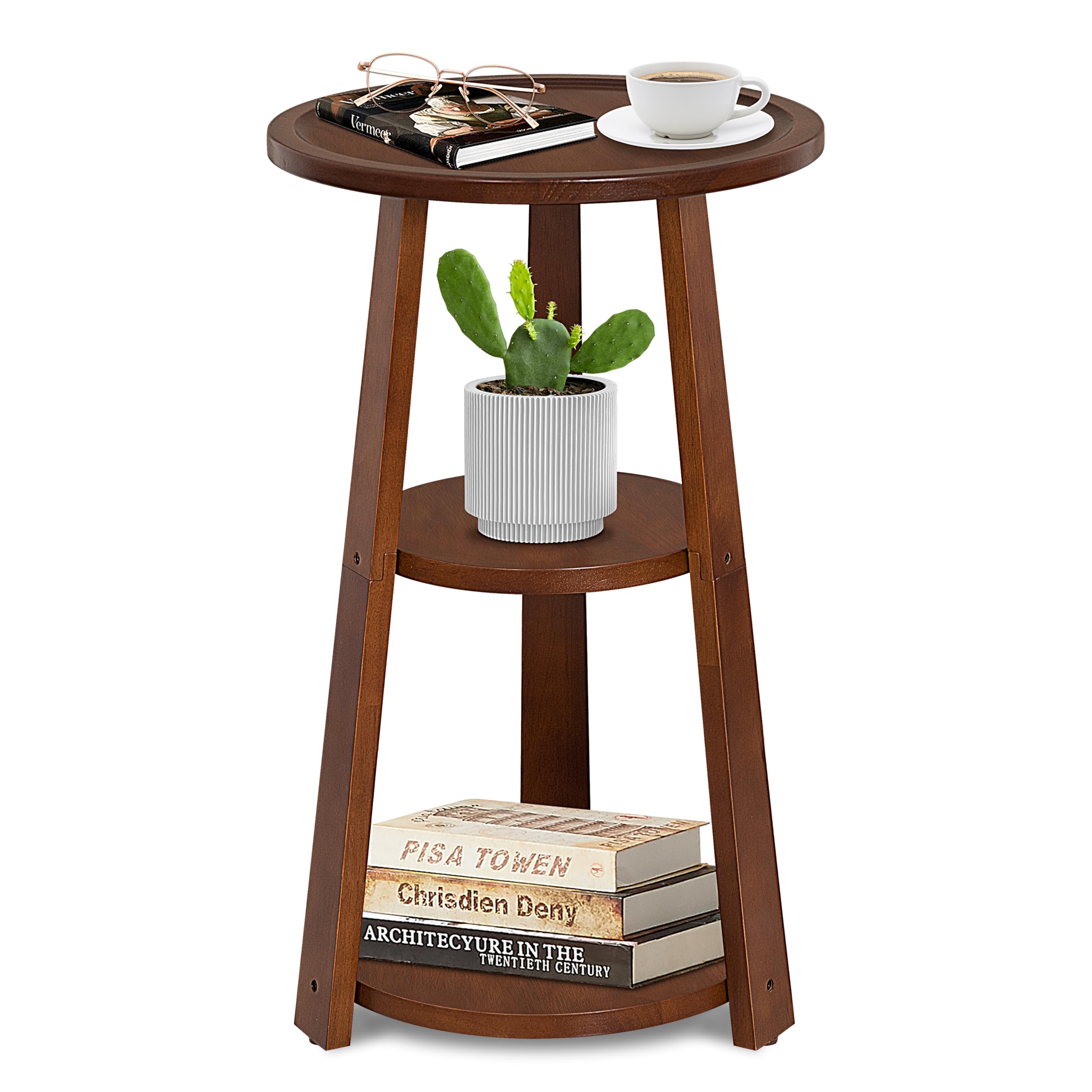 Small Round Side Table, Solid Wood 3-Tier End Table for Small Spaces, 13 Inch Compact Drink Table, Round Wood Side Table for Living Room & Bedroom, Amber Brown