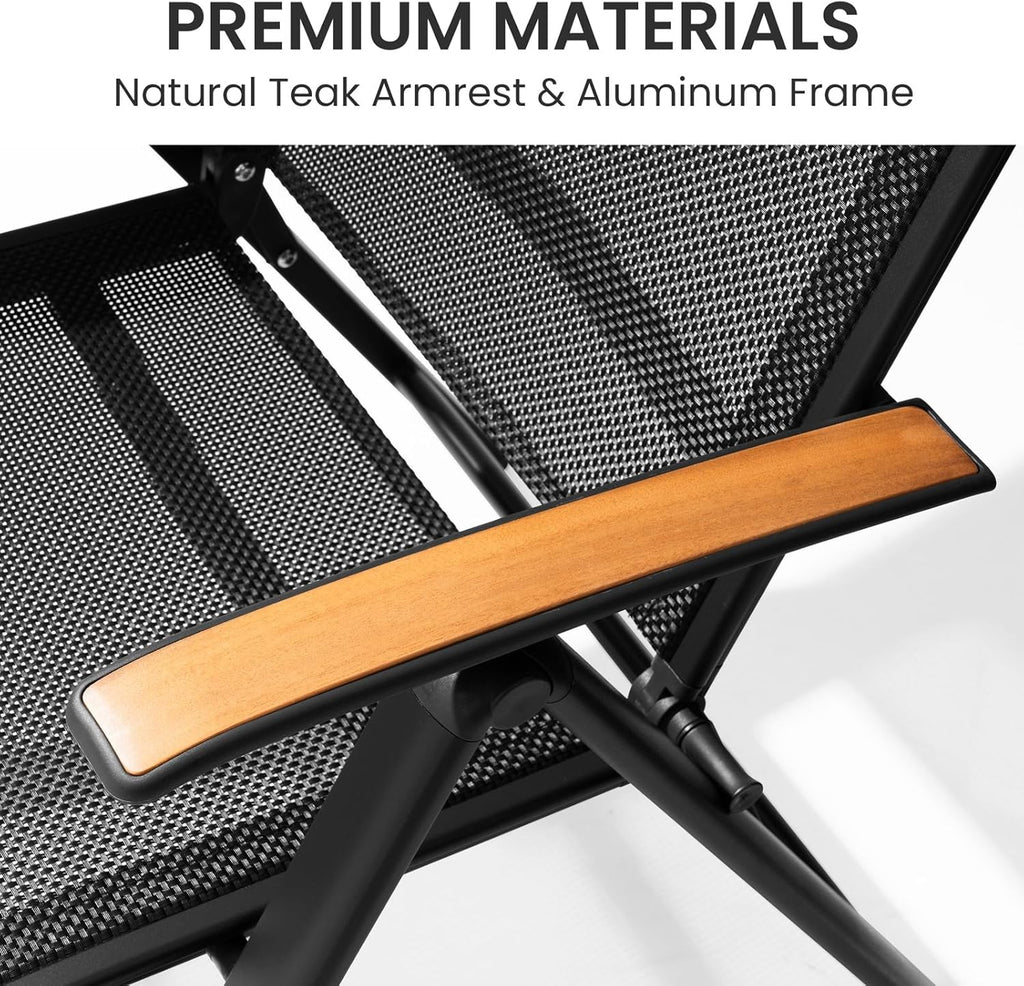 Crestlive Products Aluminum Folding Patio Chair with Teak Armrests, 8-Position Adjustable Backrest, All-Weather Outdoor Recliner Furniture for Patio, Garden, Beach, Balcony for Pool, Backyard, Black