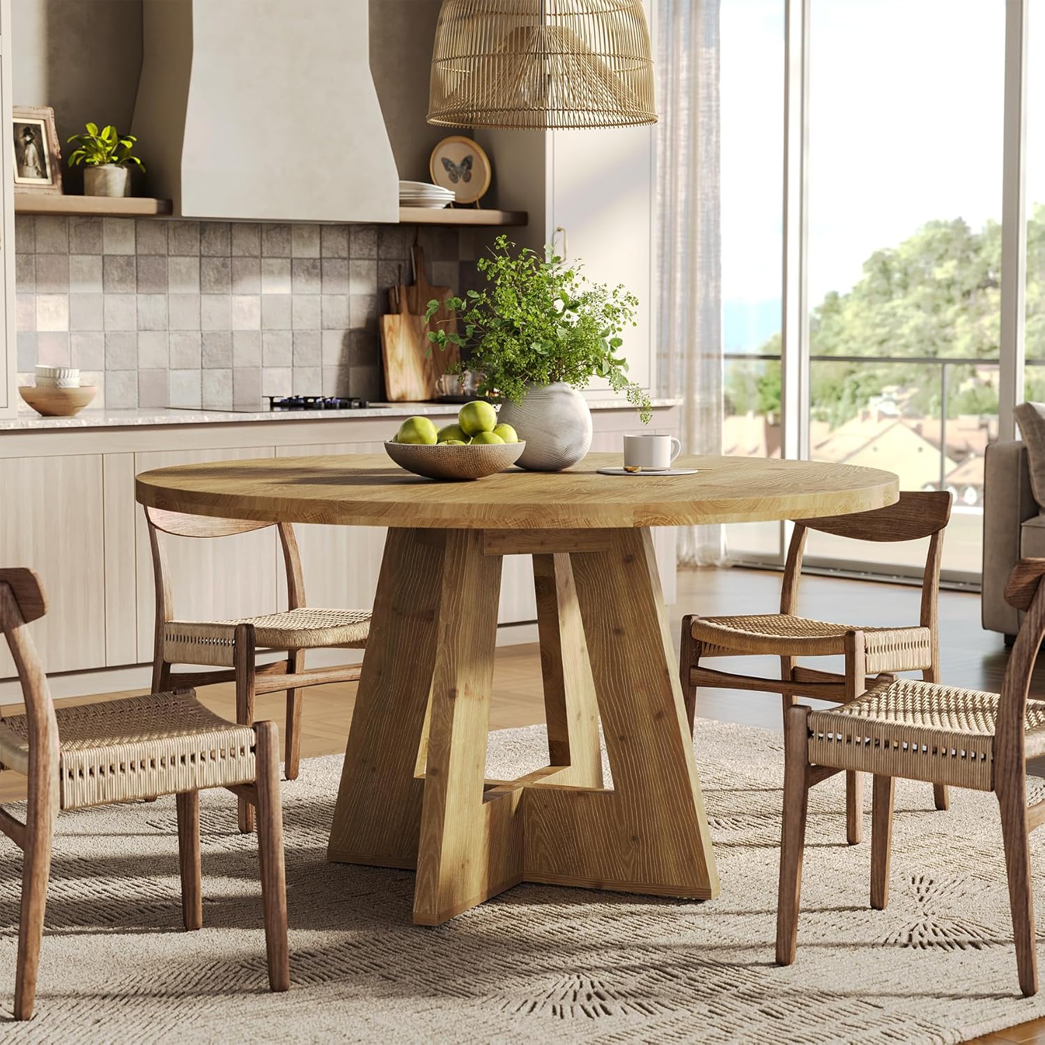 Solid Wood Round Dining Table, 47" Farmhouse Kitchen Table for 4-6, Wooden Circle Dinner Table for Dining Room, Family Gathering, Natural Brown