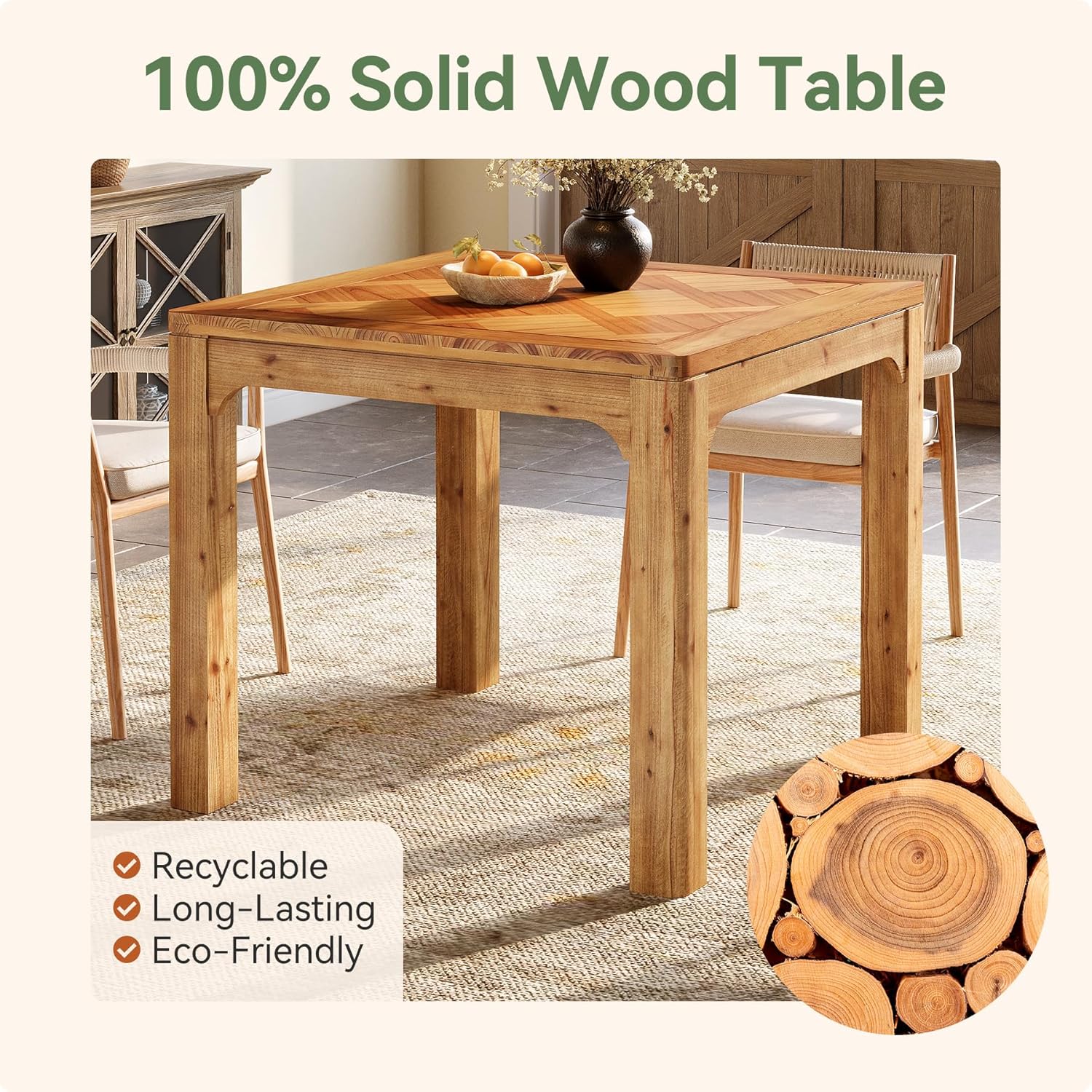 31.5" Square Farmhouse Dining Table, Solid Wood Rustic Kitchen Table with 3D Textured Tabletop, Wooden Dinner for Dining Room, Living Room Furniture, Easy Assembly, Brown