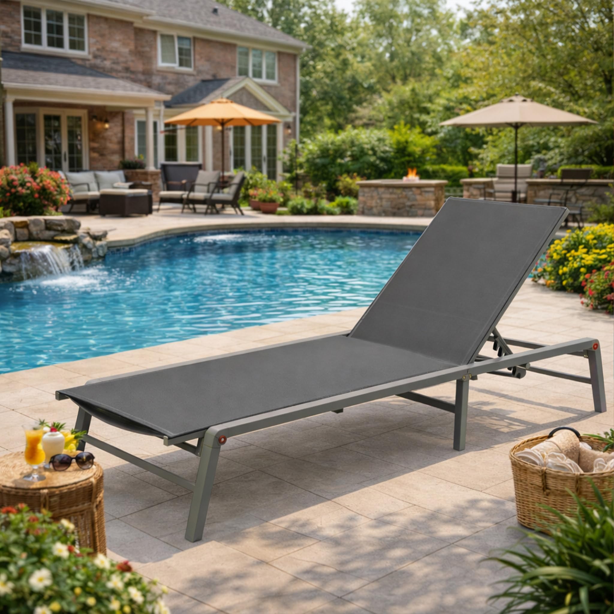 Kozyard Aluminum Outdoor Chaise Lounge Chair, Adjustable Reclining Patio Lounge with Drink Holder, Weather-Resistant Pool, Deck & Yard Recliner, Assemble-Free (1Pack, Beige)