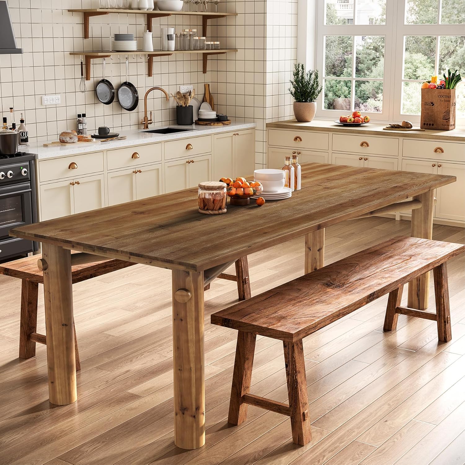 Solid Wood Dining Table for 6, 63 Inch Wooden Kitchen Table with Strong Legs, Farmhouse Rectangle Dinner Table for Dining Room, Living Room